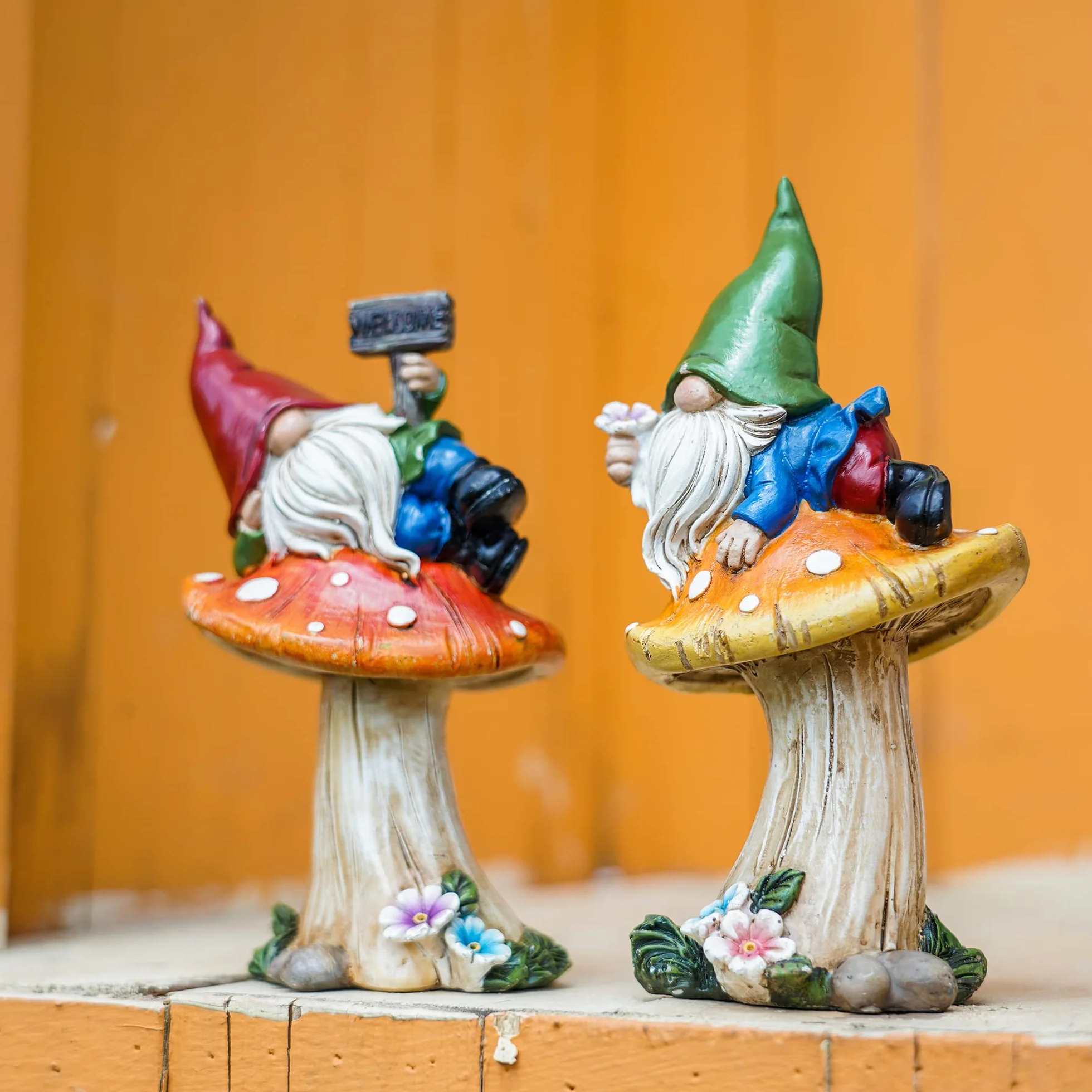 Teresa‘S Collections Set de 2 Gnomos sobre Hongos para Jardín, Adornos Jardin Exterior, Patio y Porche, Regalo de Cumpleaños y Casa Nueva (L)