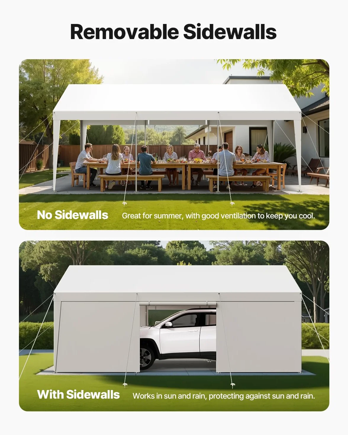 VEVOR Cochera 3,05 x 6,09 x 2,87 m Paredes Laterales Puerta Desmontables Marquesina para Coches Resistente Rayos UV Agua Blanco