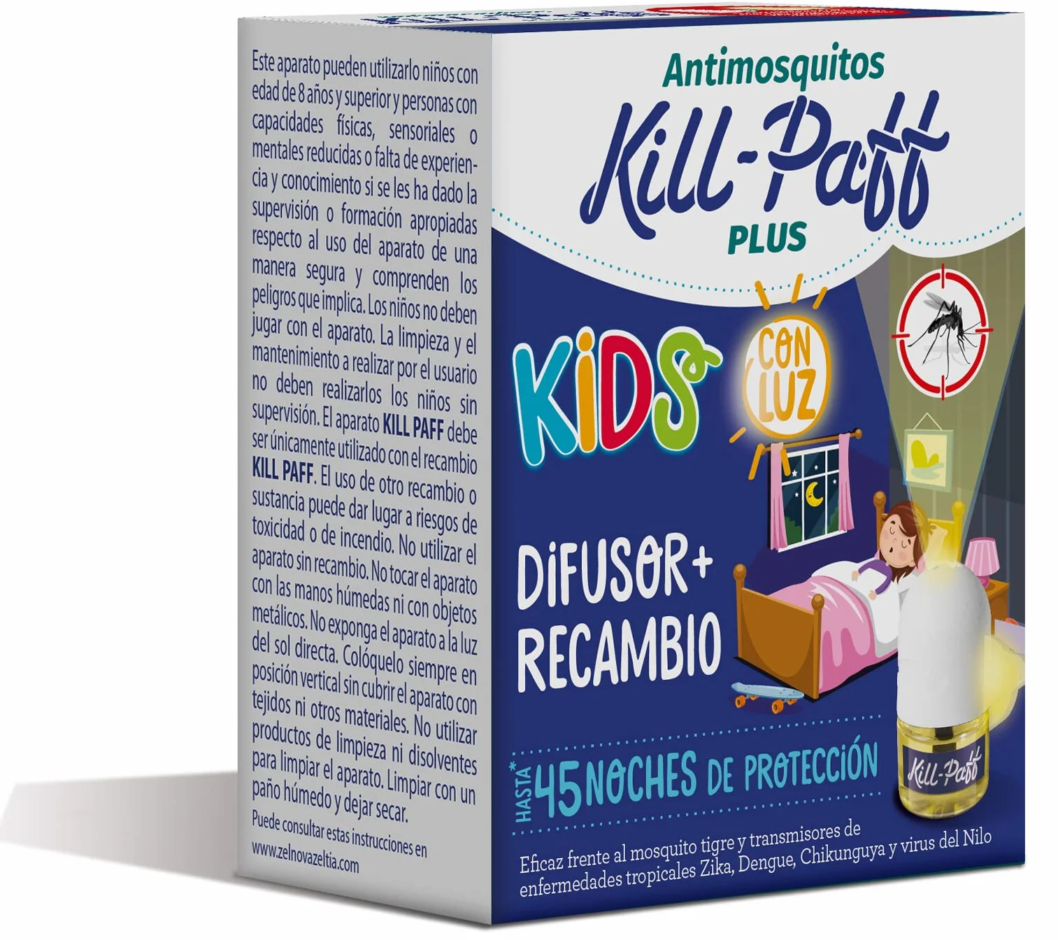 KILL-PAFF KIDS |Insecticida Eléctrico |Antimosquitos |Eficaz Contra Mosquito Tigre y Transmisores de Enfermedades Tropicales |Sin Olor|45 Noches de Protección |Contenido: 1 Dif + 1 Rec