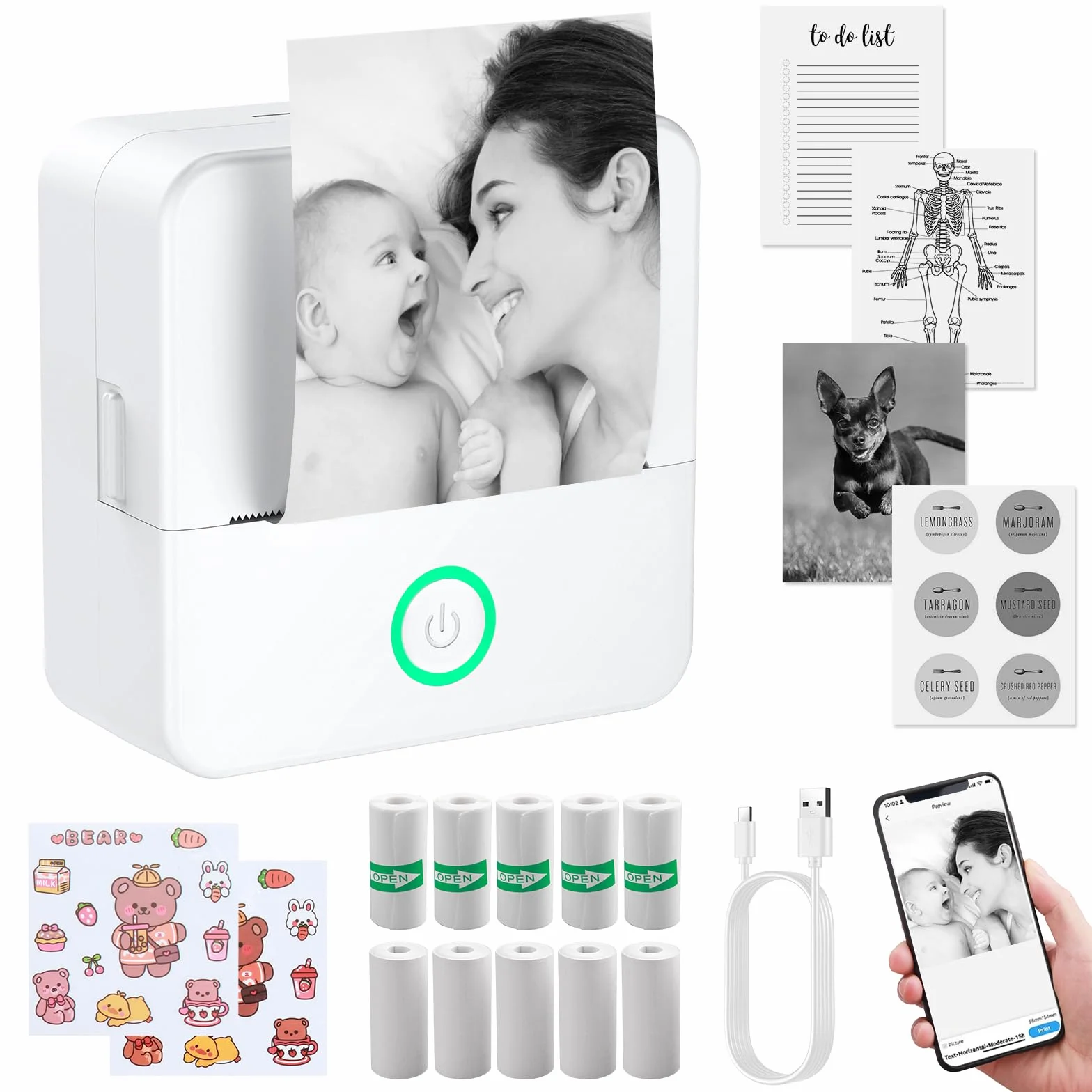 eSynic Mini Impresora Fotográfica Portátil con 10 Rollos Papel, Bluetooth Térmica Sin Tinta