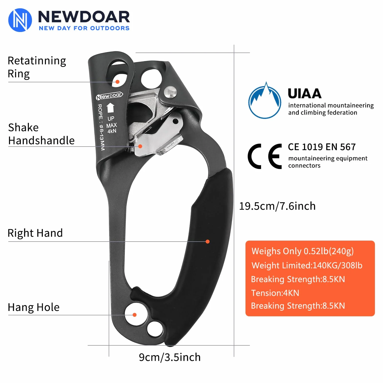 NewDoar Hand Ascender Rock Climbing Arborist Rappel Gear 8~12MM