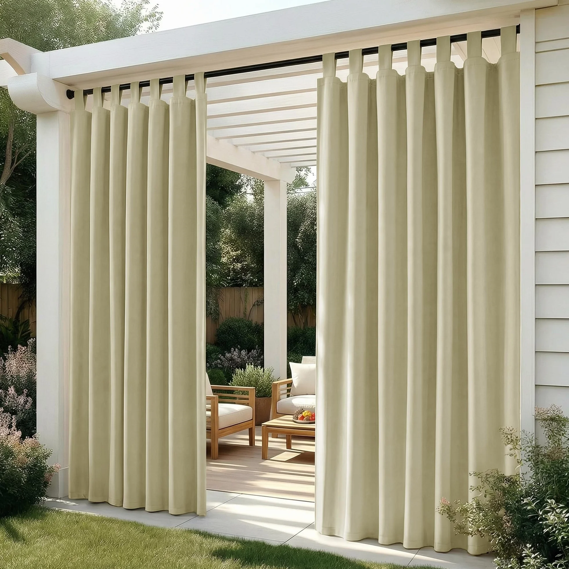 Deconovo Cortinas Exterior para Terraza Jardín o Balcón, Opacas y Repelentes al Agua con Trabillas, Protección Solar y Aislamiento Térmico, Set de 2 Paneles 132x270 cm Beige Oscuro