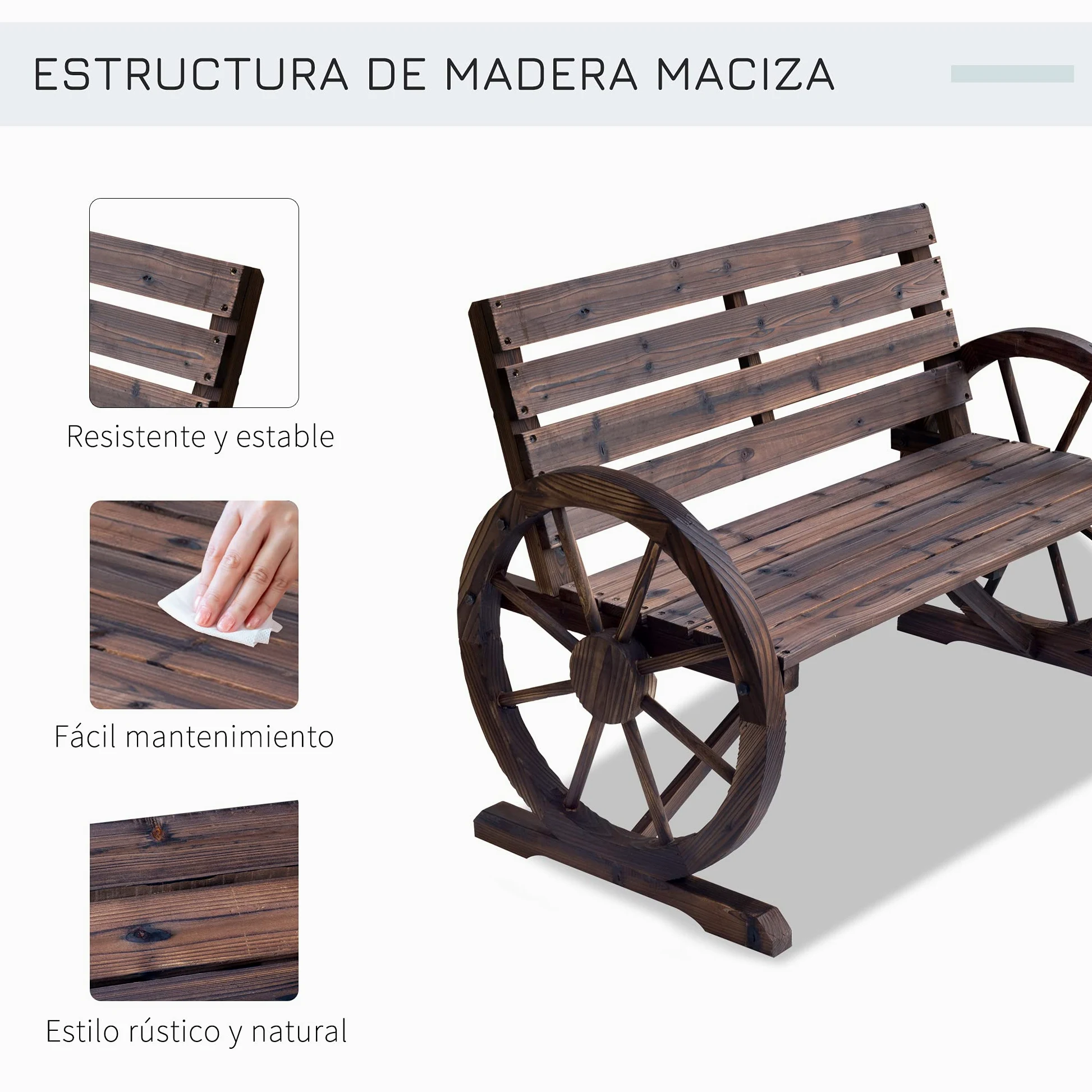 Outsunny Banco de Jardín de Madera 2 Plazas 250 kg 105,5x59x75 cm Carbonizado