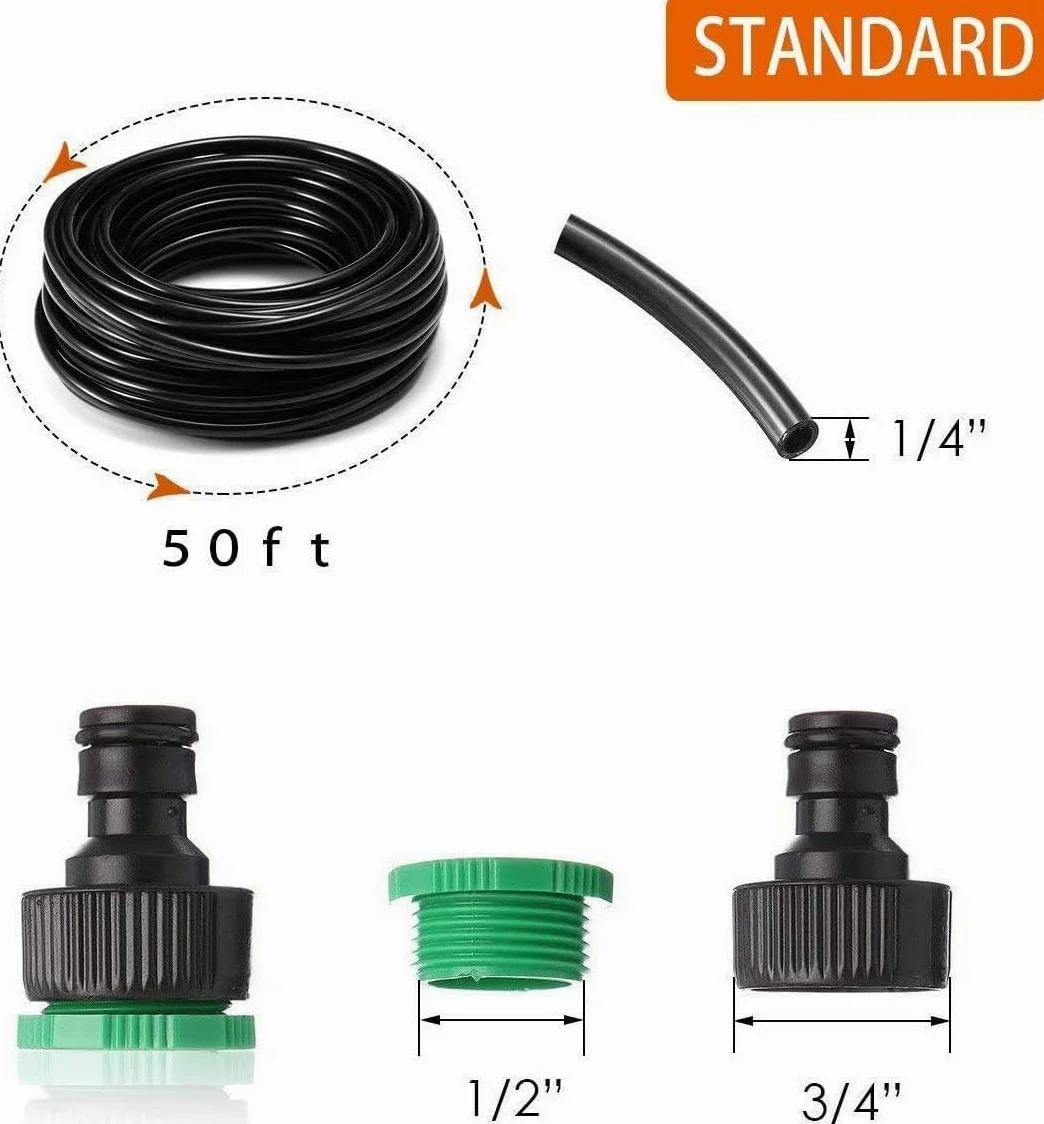 Kit de sistema de riego por goteo de 50 pies, sistema de riego de jardín con piezas de tubo de riego por goteo de 1/4 pulgadas, equipo de riego automático para plantas al aire libre, jardín,