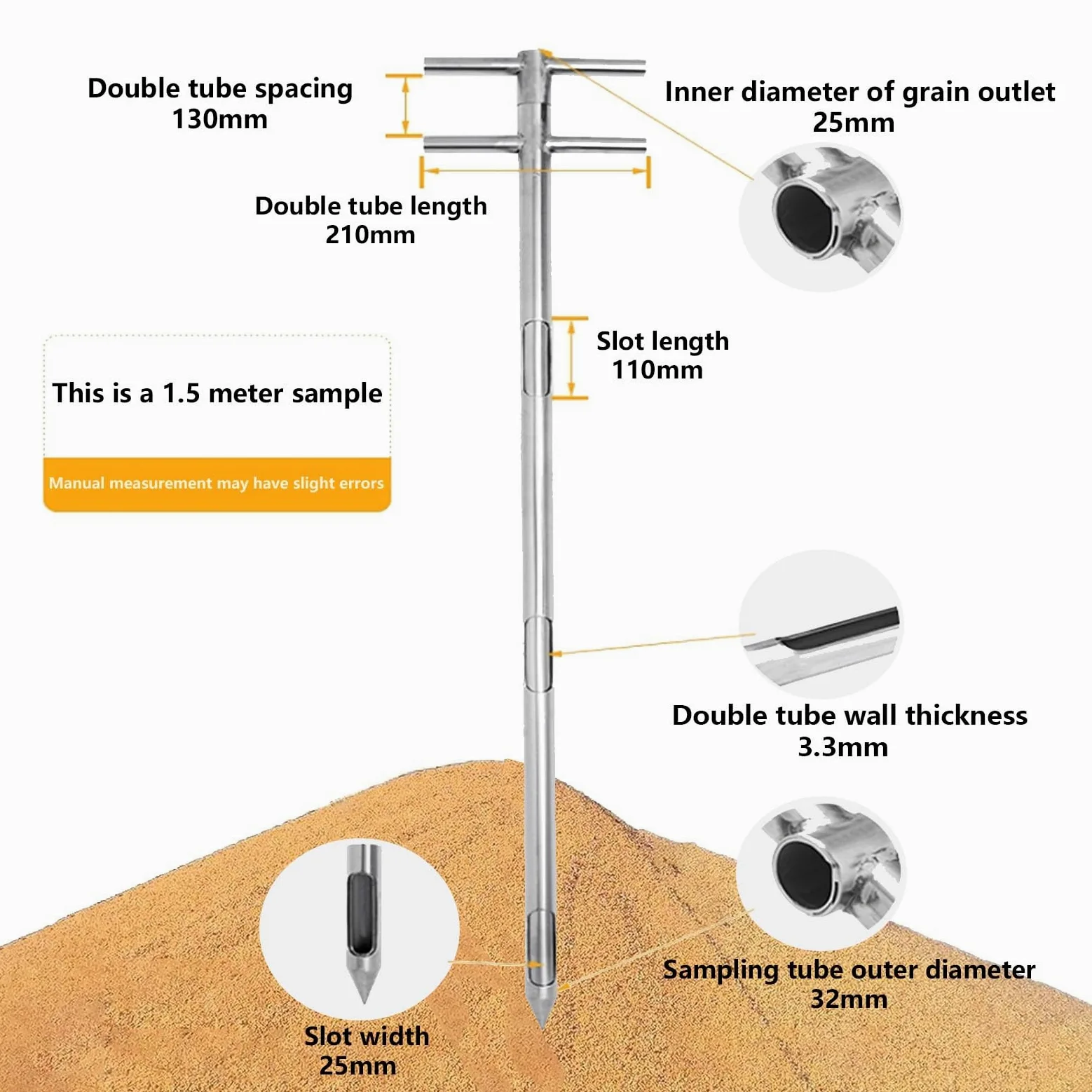 Herramienta de sonda de muestreo de acero inoxidable 304, 59 x 1.25 pulgadas para un muestreo eficiente de sólidos y polvo en agricultura y laboratorios, solución de precisión duradera