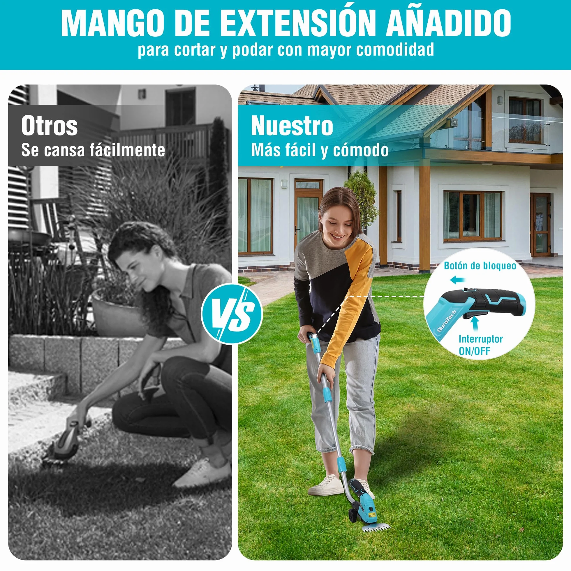 DURATECH 12V Tijera Cortacésped y Arreglasetos 2 en 1, Tijeras Eléctricos de Jardín con Alargador, Batería y Cargador, Cortasetos Eléctrico para Césped y Arbustos, para Jardinería