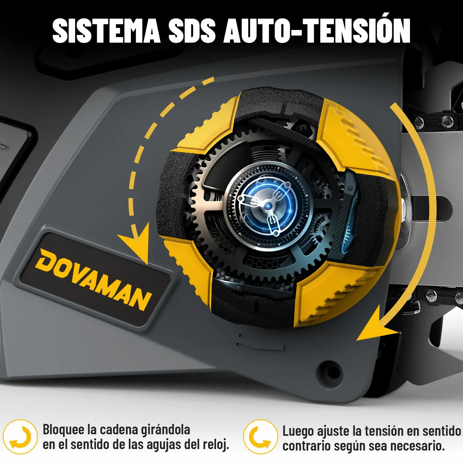 DOVAMAN Motosierra Eléctrica de 2400W, Tensión sin Herramientas en un Paso, 40cm Barra y Cadena Oregon, 15m/s Velocidad de Cadena, Lubricación Automática, Freno Mecánico y 2 Cadenas - DCS01A
