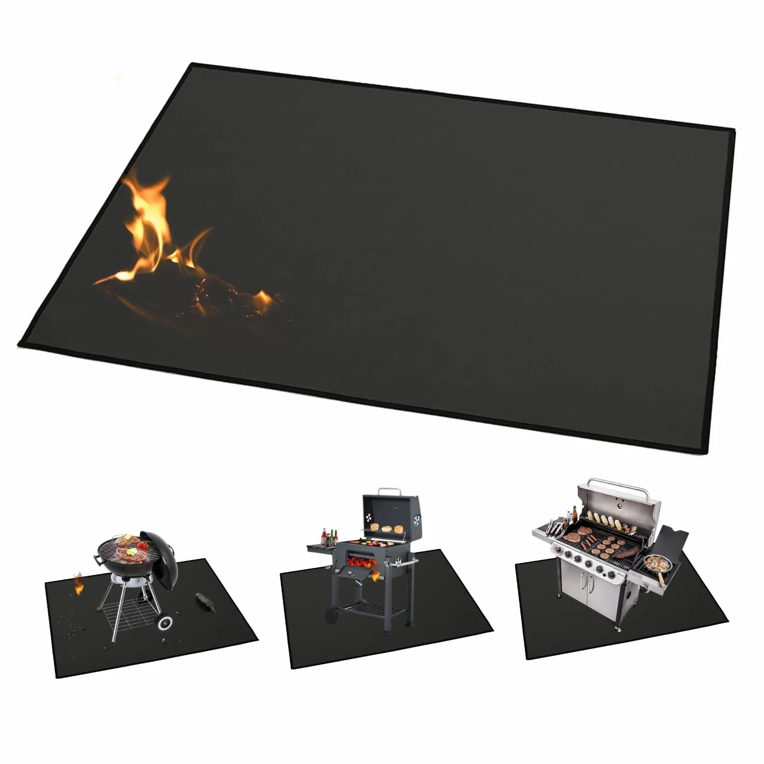 Alfombrilla de parrilla para exteriores, 150 x 102 cm, impermeable, resistente al aceite, soporte ignífugo, doble cara, reutilizable, cuadrada, negro