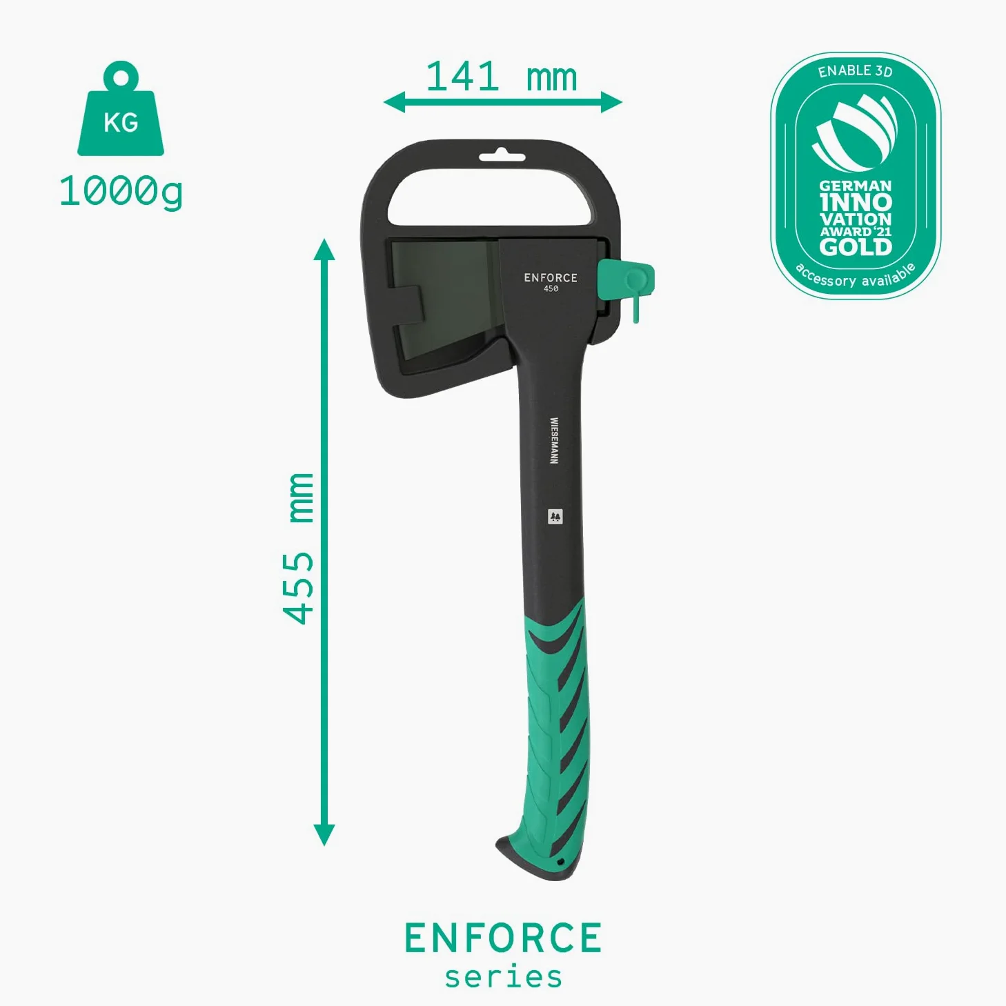 Hacha de división 45cm, 1000g de WIESEMANN I Hacha Universal con Mango de Fibra de Vidrio 2K I De la Serie Enforce I con Mango antivibratorio y protección de la Hoja I 81369