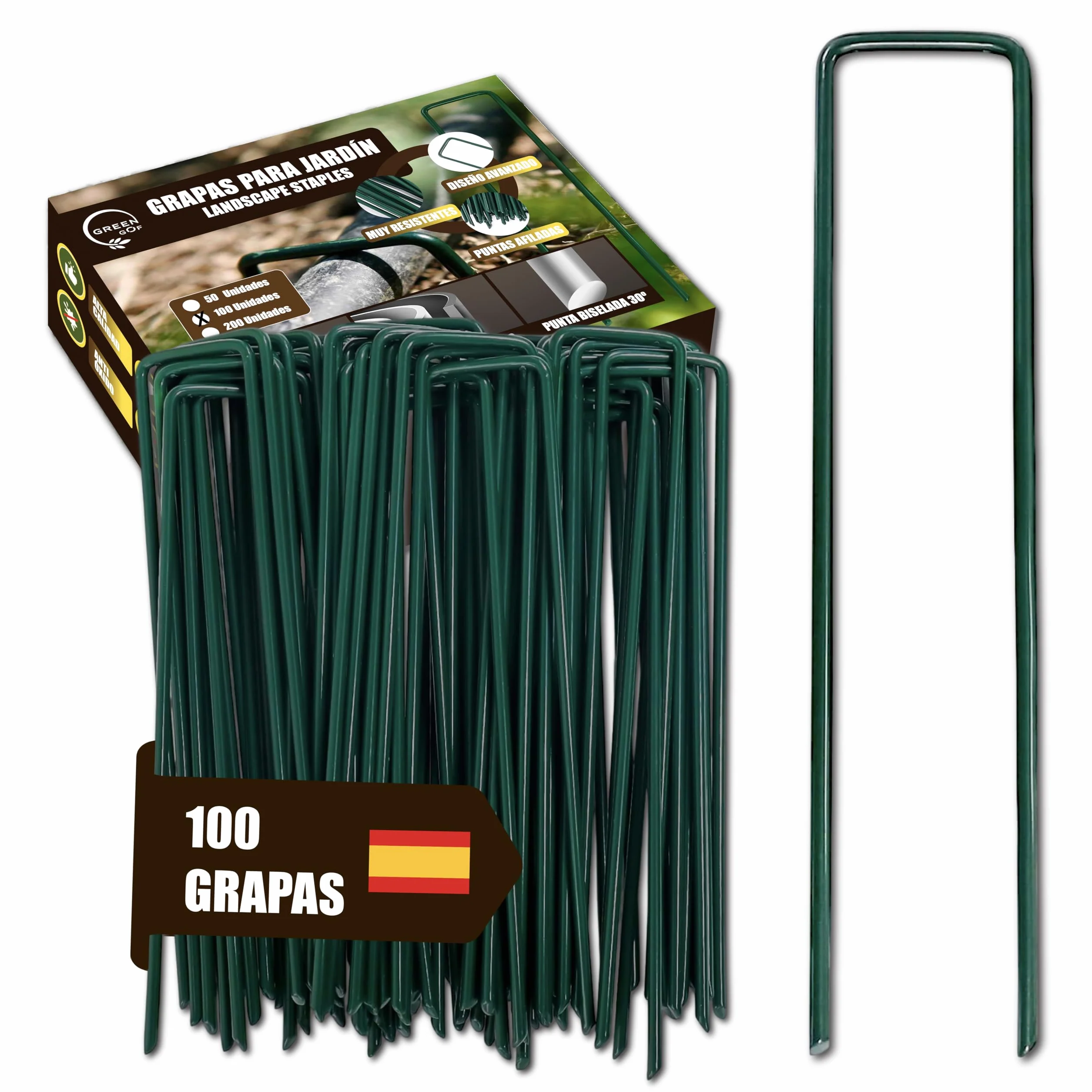 GREENGOF Grapas Verdes para Cesped Artificial, Malla Antihierba y Jardin, 100Unds - Acero Galvanizado, 15x4cm, Ø3mm - Ultra Resistentes y Anticorrosivas - Piquetas de Jardín, Anclaje al Suelo.