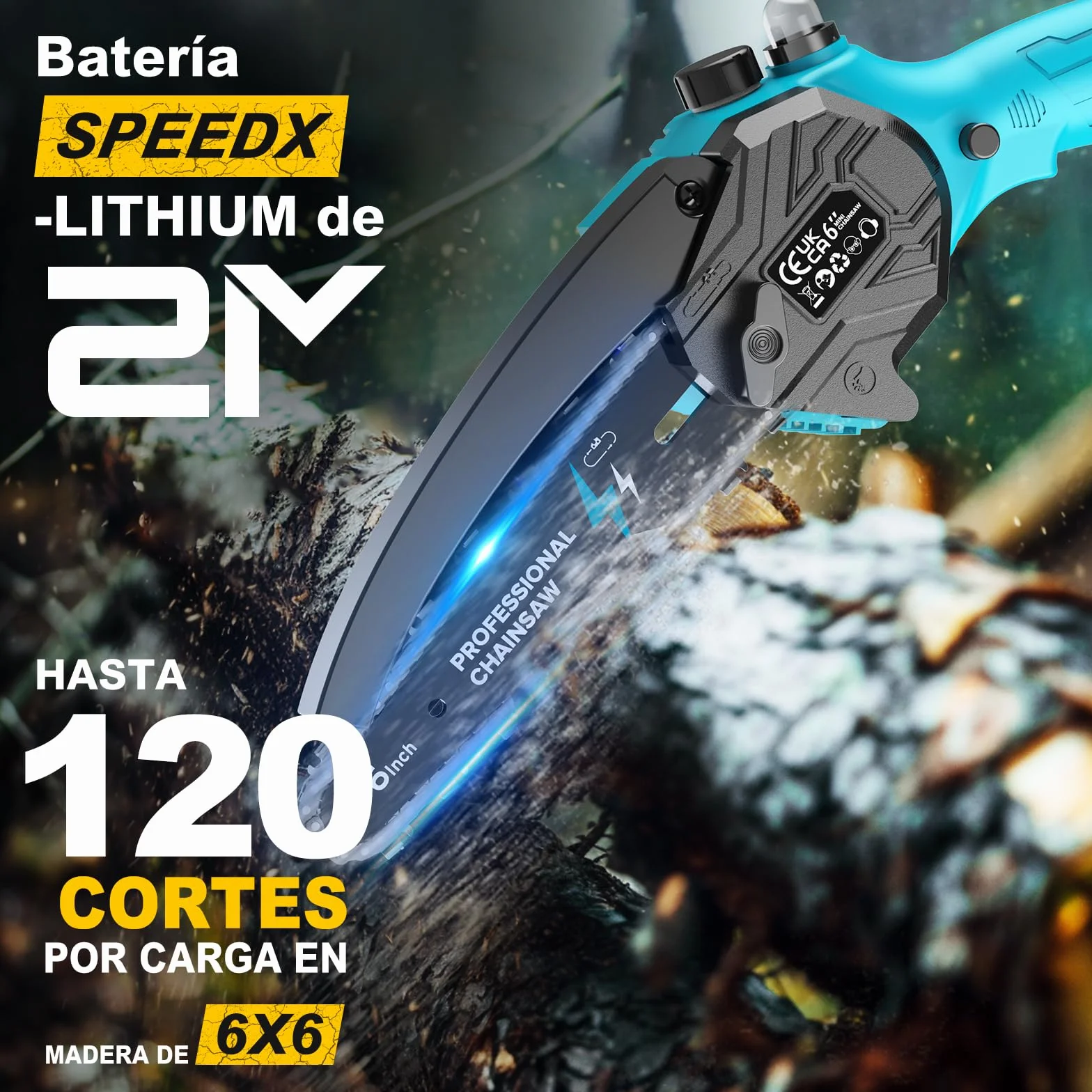 Mini Motosierra Bateria 6 Pulgadas, Motosierra Eléctrica con 2x4000mAh Bateria, Sierra Electrica con Cadena Reemplazable, Depósito Para El Aceite, para Podar Arboles Jardinería DIY
