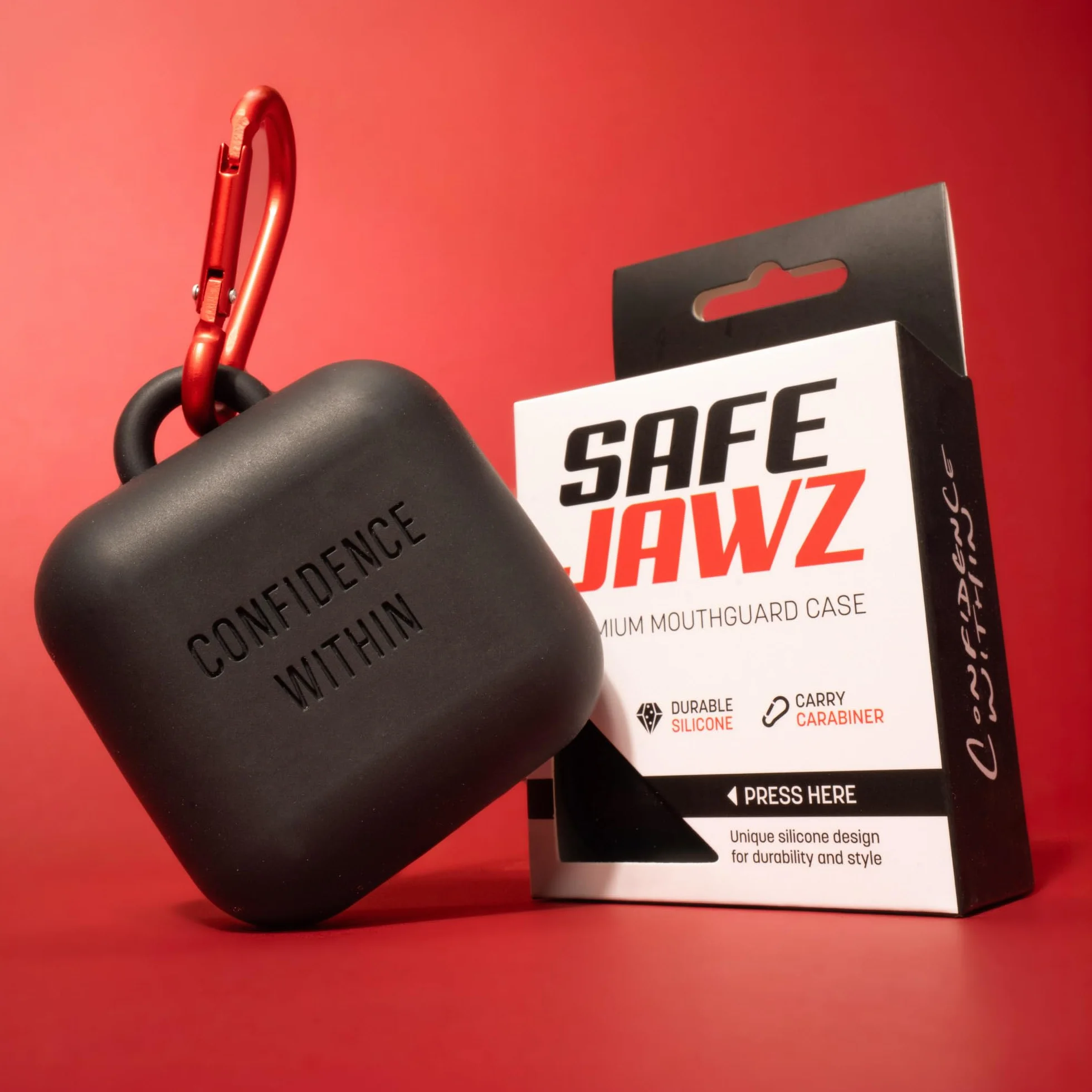 SAFEJAWZ Premium Estuche protector bucal mosquetón silicona flexible duradero Negro