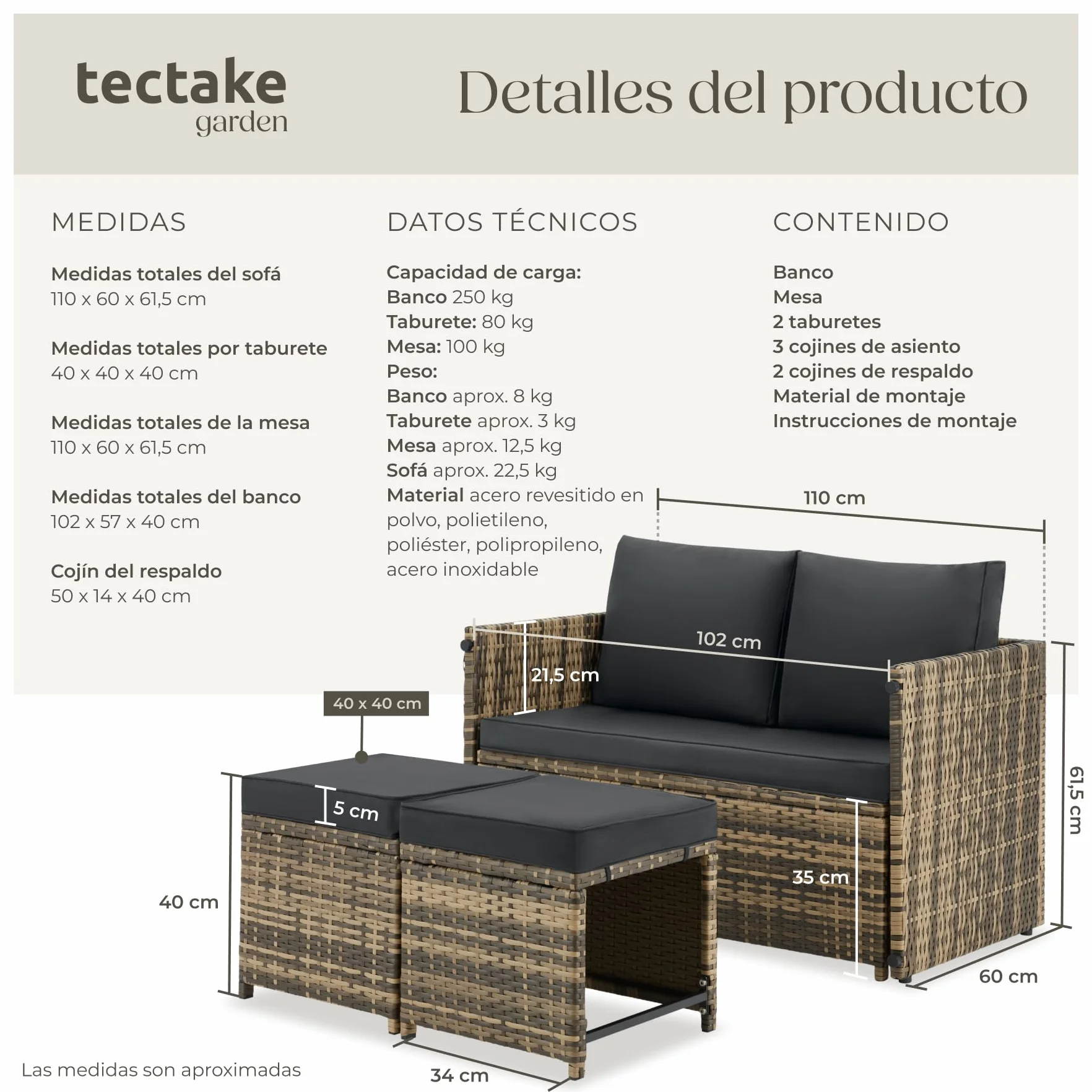 tectake® Conjunto Jardin Exterior 2 en 1, Muebles Jardin Exterior, Mesa y Sillas Terraza, Sofa con Cojines Impermeables y Lavables, 4 Personas, Sofas, Silla, Mesa Terraza, Mueble - Natural