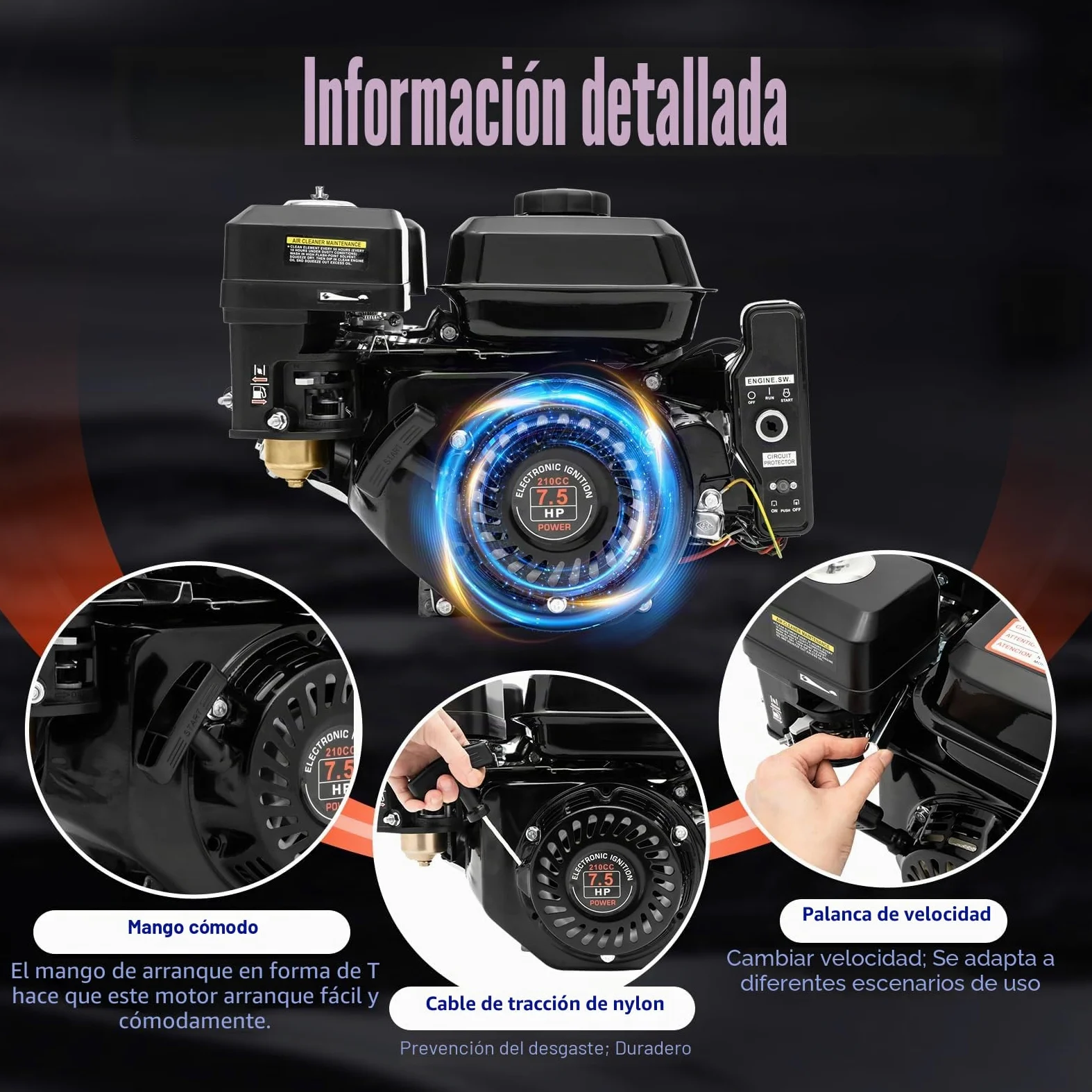 Motor de gasolina de 4 tiempos de 7,5 CV 3 kW, motor industrial para go-kart, arranque eléctrico, 210 cc, monocilíndrico, refrigerado por aire, para go-karts, generador, limpiador de alta presión
