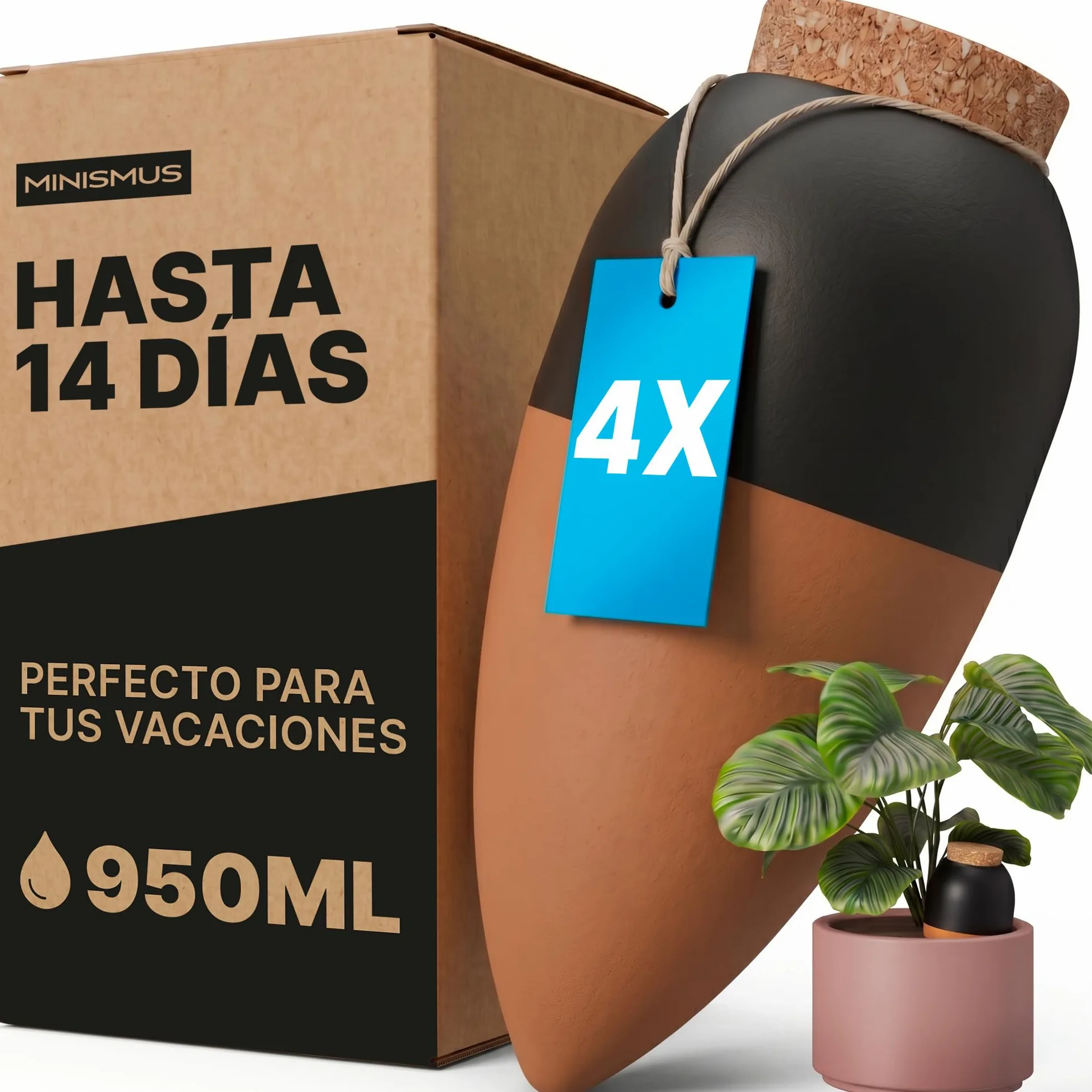 MINISMUS Autoriego Macetas Terracota, Autorriego Plantas Interior, Dispensador Agua, Regar Vacaciones, Cerámica Macetero, 950ml 4 Unidad