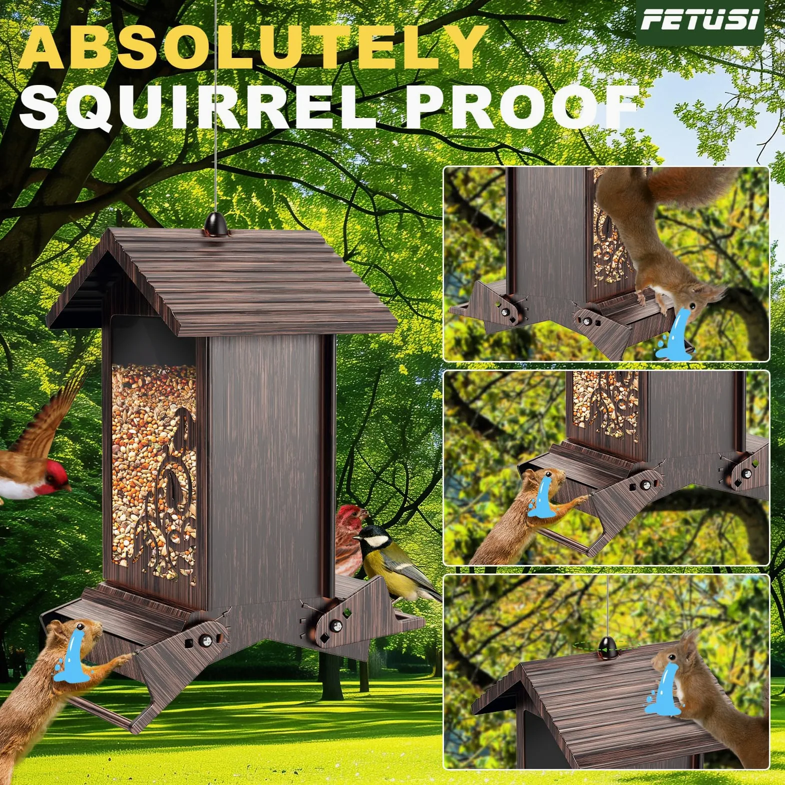 Comedero para pájaros a prueba de ardillas para colgar al aire libre, comedero de semillas de pájaros de metal con perchas bilaterales activadas por peso, comederos de pájaros silvestres de gran