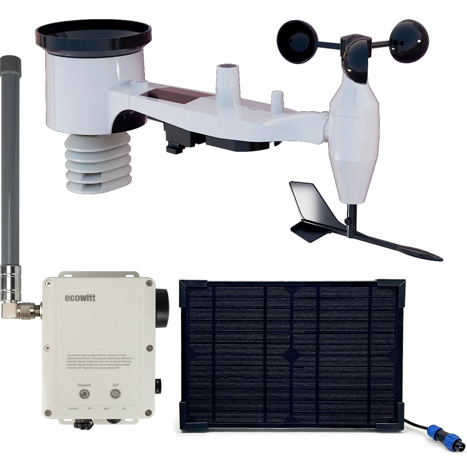 ECOWITT WS6211S Estación meteorológica doméstica con wifi, puerta de enlace móvil 4G y wifi WS6210S + sensor exterior 7 en 1 WS69, estación base IoT con panel solar + antena RF de 30 cm