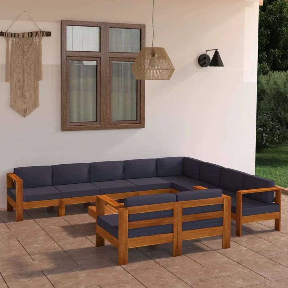 Juego de sofás de jardín, juego para exteriores, decoración de jardín, 10 plazas, cojines grises oscuros macizos de acacia