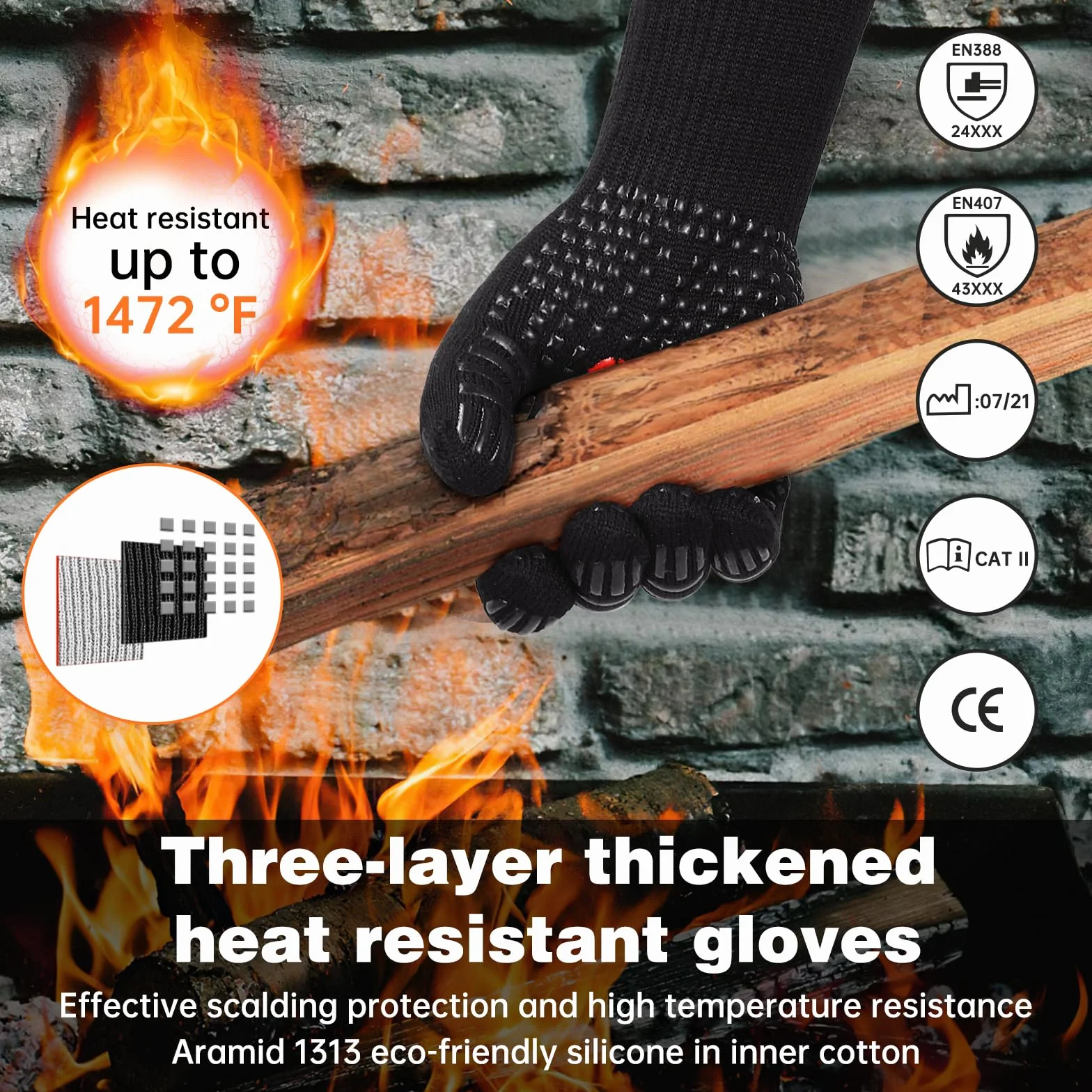 SPGOOD Guantes Barbacoa Guantes Horno Altas temperaturas Largos, BBQ Guantes Resistentes al Calor hasta 800℃ para Cocina, Parrilla, Hornear, Microondas, Chimenea Negro（L/XXL）