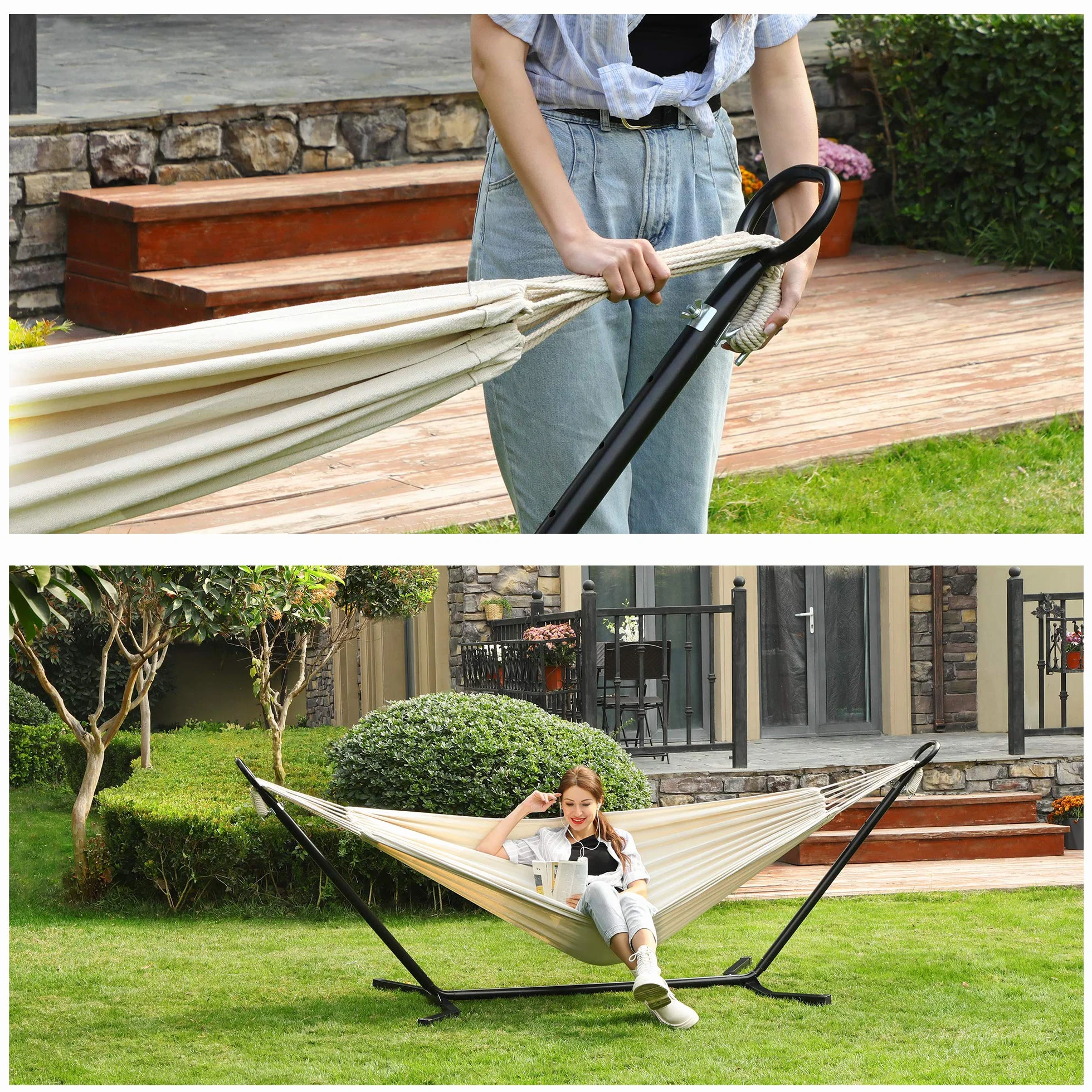SONGMICS Hamaca con Soporte, Hamaca de 210 x 150 cm, 5 Alturas Ajustables, Portátil, Marco de Metal, Carga de 240 kg, para Patio, Jardín, Negro y Beige GHS001M01