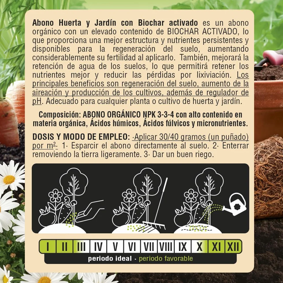 Bio-Flower Abono Orgánico con Biochar Activado para Huerto y Jardín, 800g, NPK 3-3-4, Fertilizante Natural