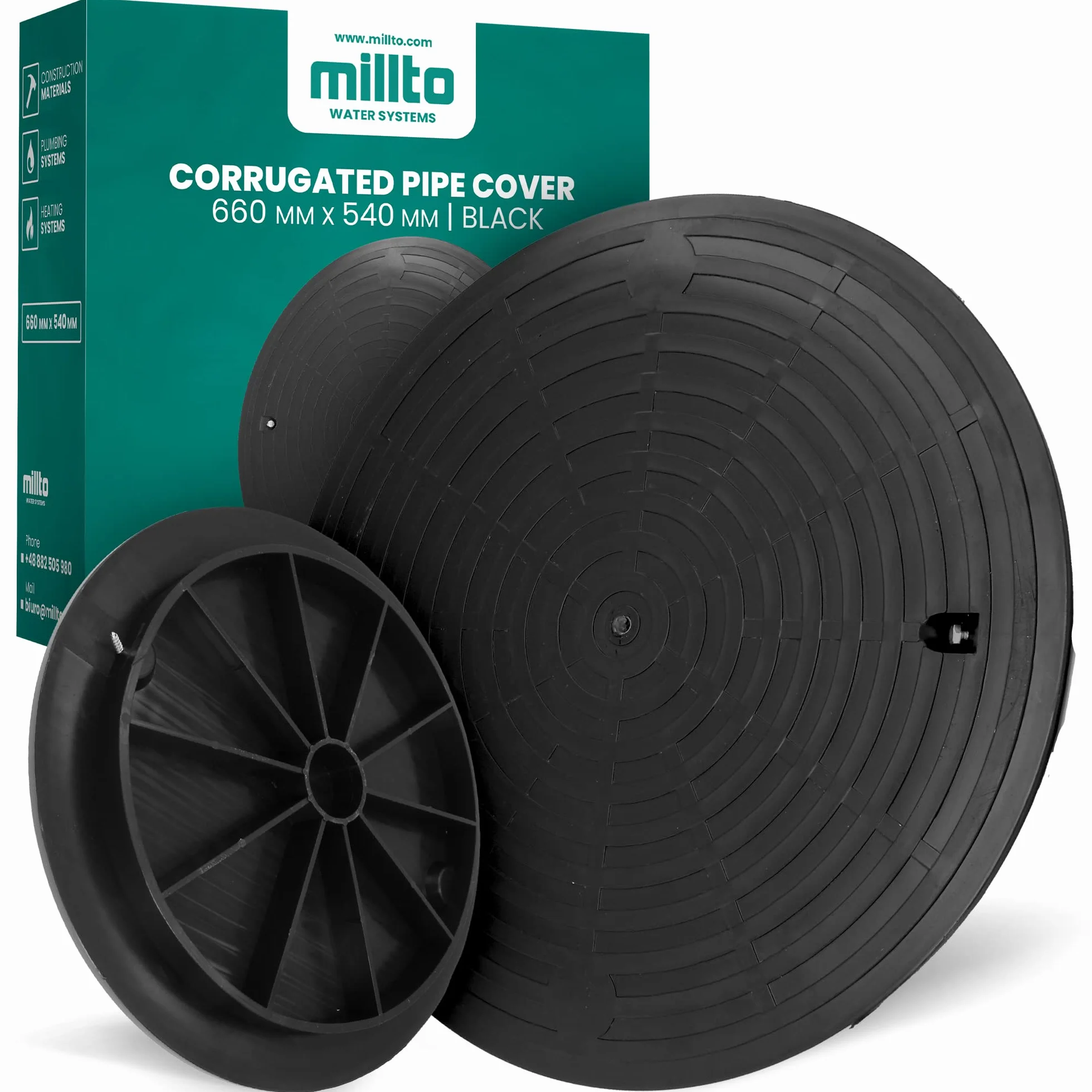 Millto™ Tapa de Boca Redonda, Diámetro DN540, Negro, Polipropileno, Tapa de Canal y Desagüe, Cisterna, Kl. A15, Carga hasta 1,5 t, Cubierta Ondulada