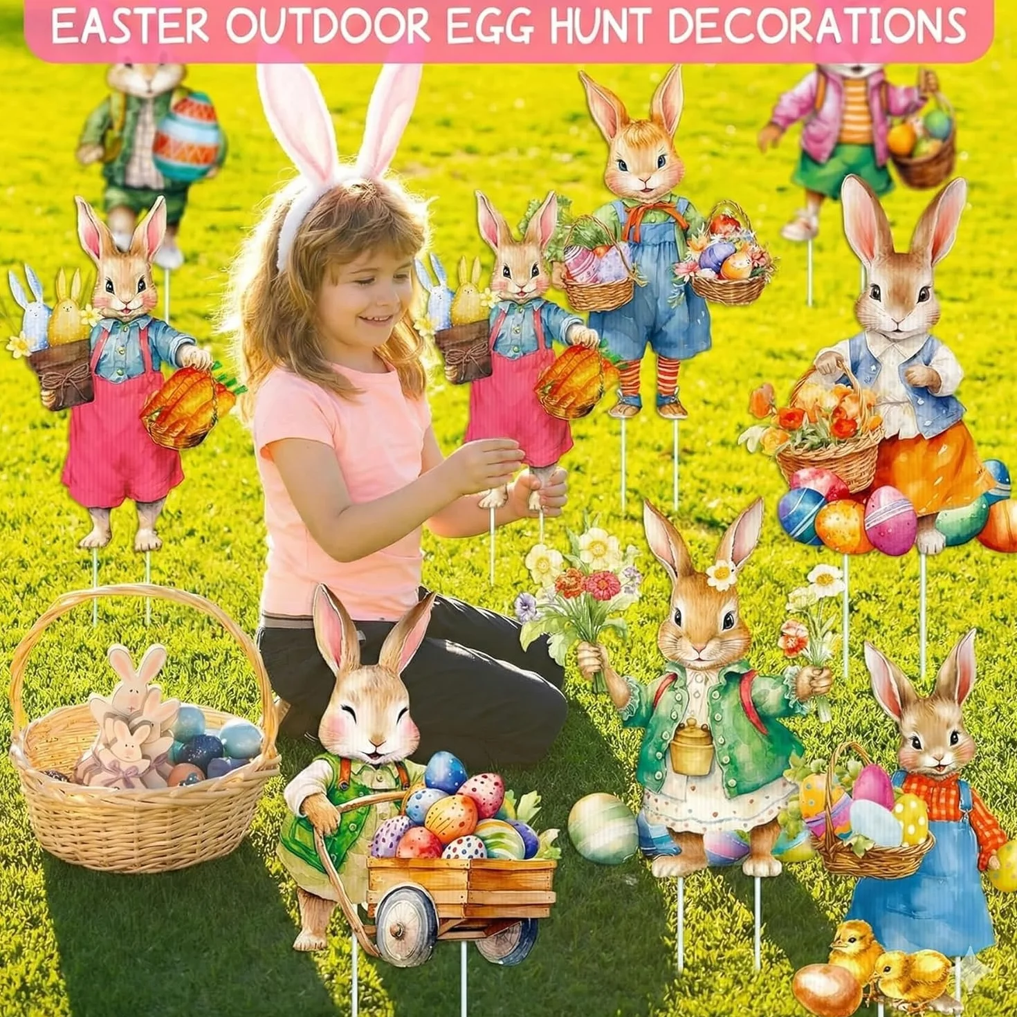 Decoración Pascua Jardín Exterior 8 Piezas Conejos de Pascua con Estacas, Decoración Primavera para Césped Patio Terraza, Adornos Pascua Exterior para Niños, Fiesta Easter Egg Hunt