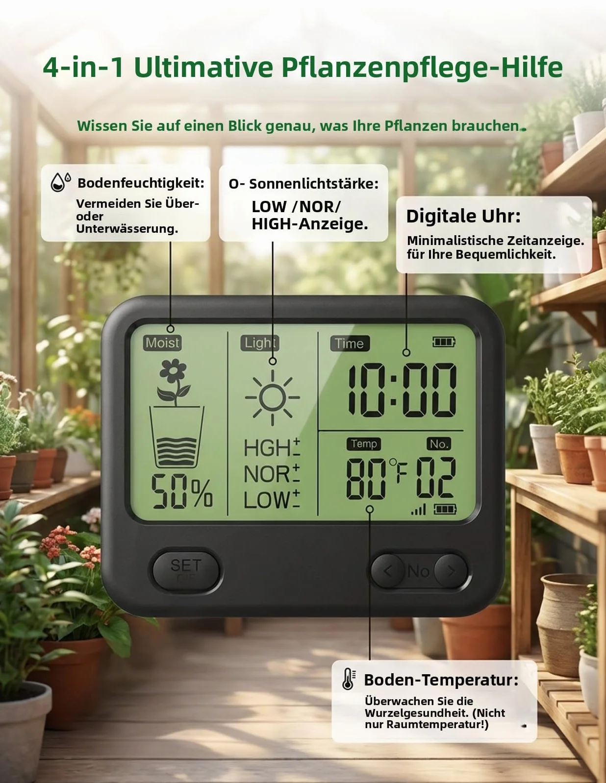 Medidor de Humedad inalámbrico para Suelo con Receptor LCD, Sensor 3 en 1 de 3 sondas (Humedad, Temperatura, luz), Alcance de RF de 230 pies, Impermeable, Larga duración (Suelo 2 sensores)