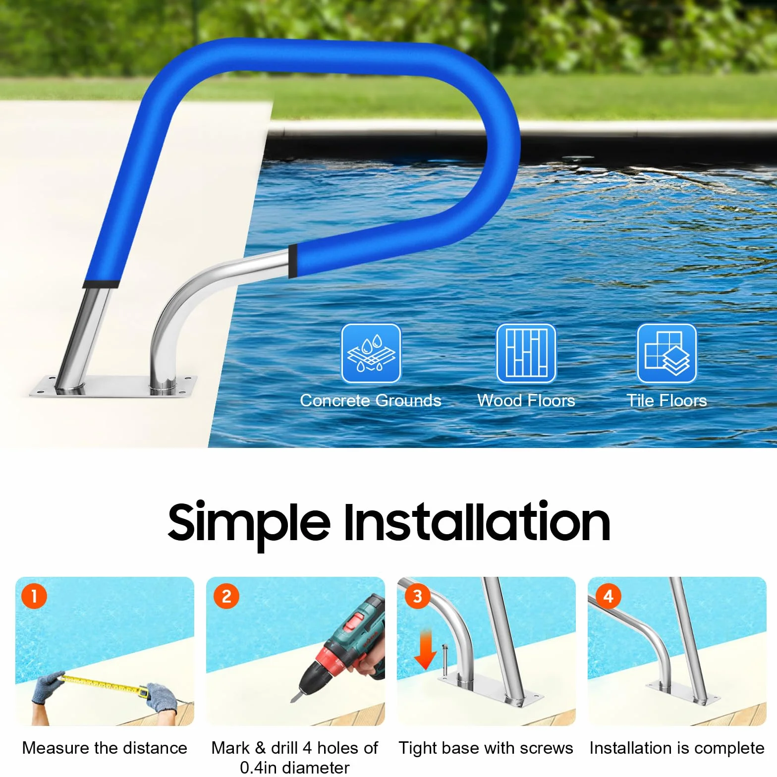 81 x 58 cm, pasamanos de acero inoxidable 304, pasamanos para escaleras, barandilla para piscina, pasamanos con cubierta de asa, 120 kg, diámetro del tubo de 4,2 cm, para piscinas, escaleras