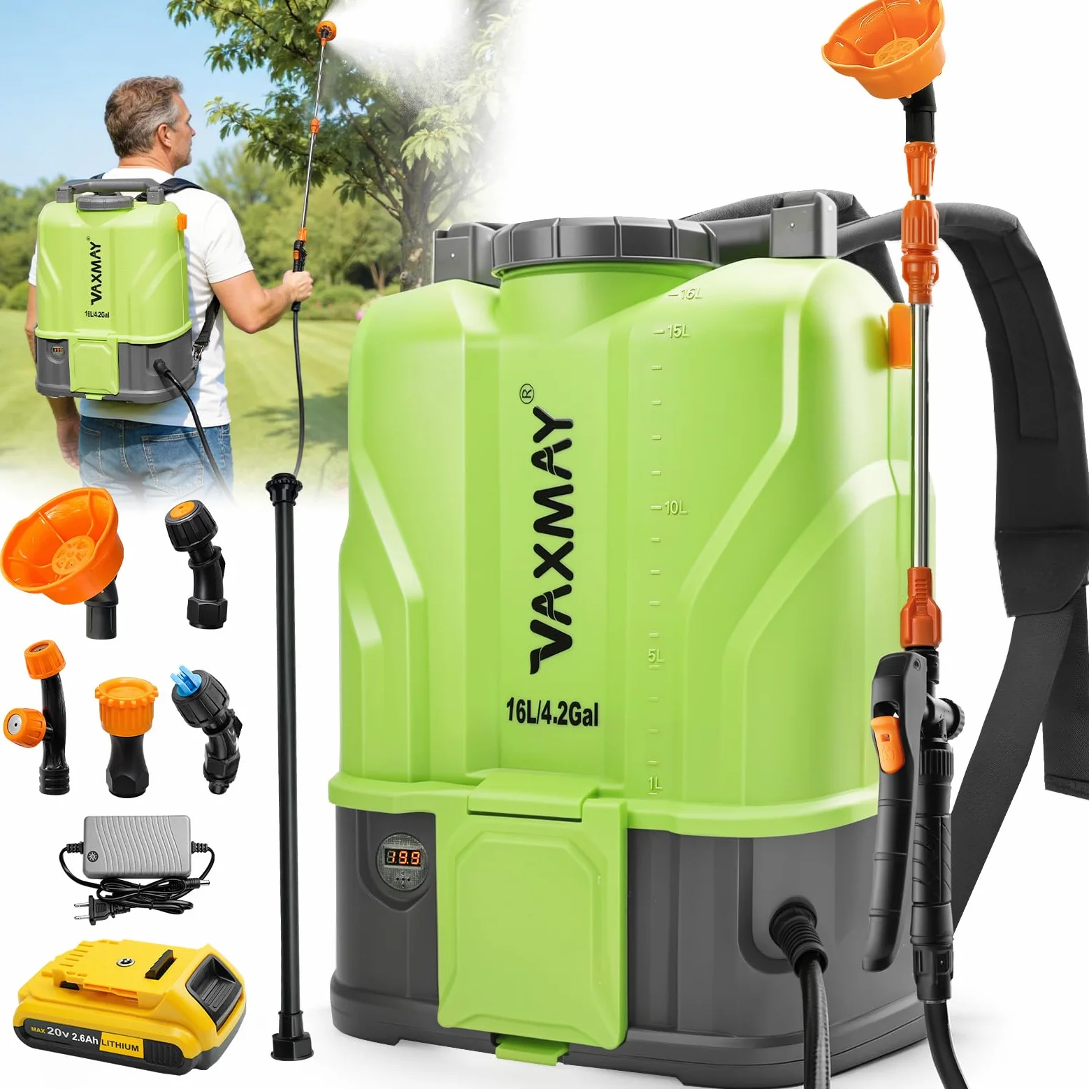 VAXMAY - Rociador eléctrico de jardín con batería de 4.2 galones, 120 PSI compatible con batería DeWalt de 20 V, rociador de zacate con 2 varitas, 5 boquillas, batería de 2.6 Ah y cargador incluido