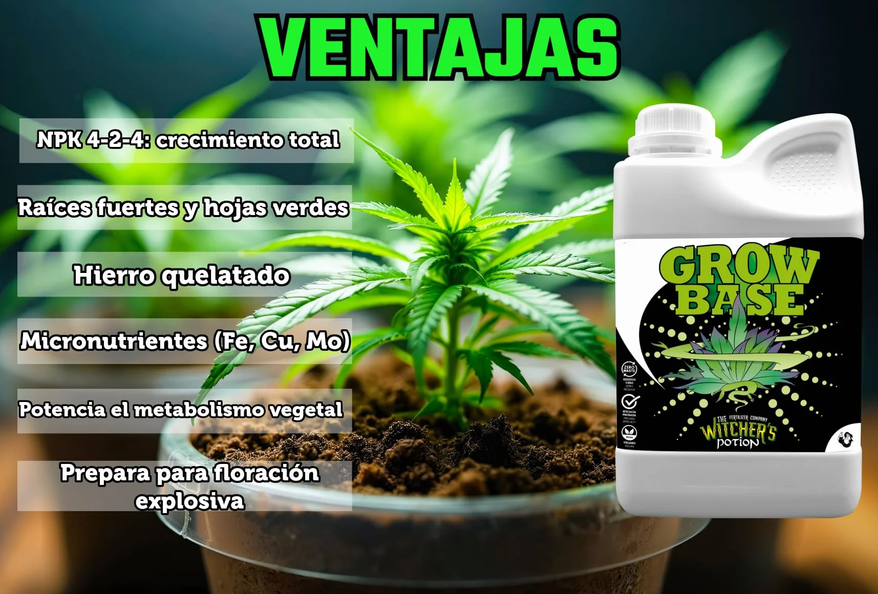 GROW BASE - Witcher's Potion "Cannaboom" (500ml) | Fertilizante Mineral NPK 4-2-4 para Crecimiento Vegetativo | Plantas Verdes, Sanas y Rápidas con Micronutrientes Quelatados