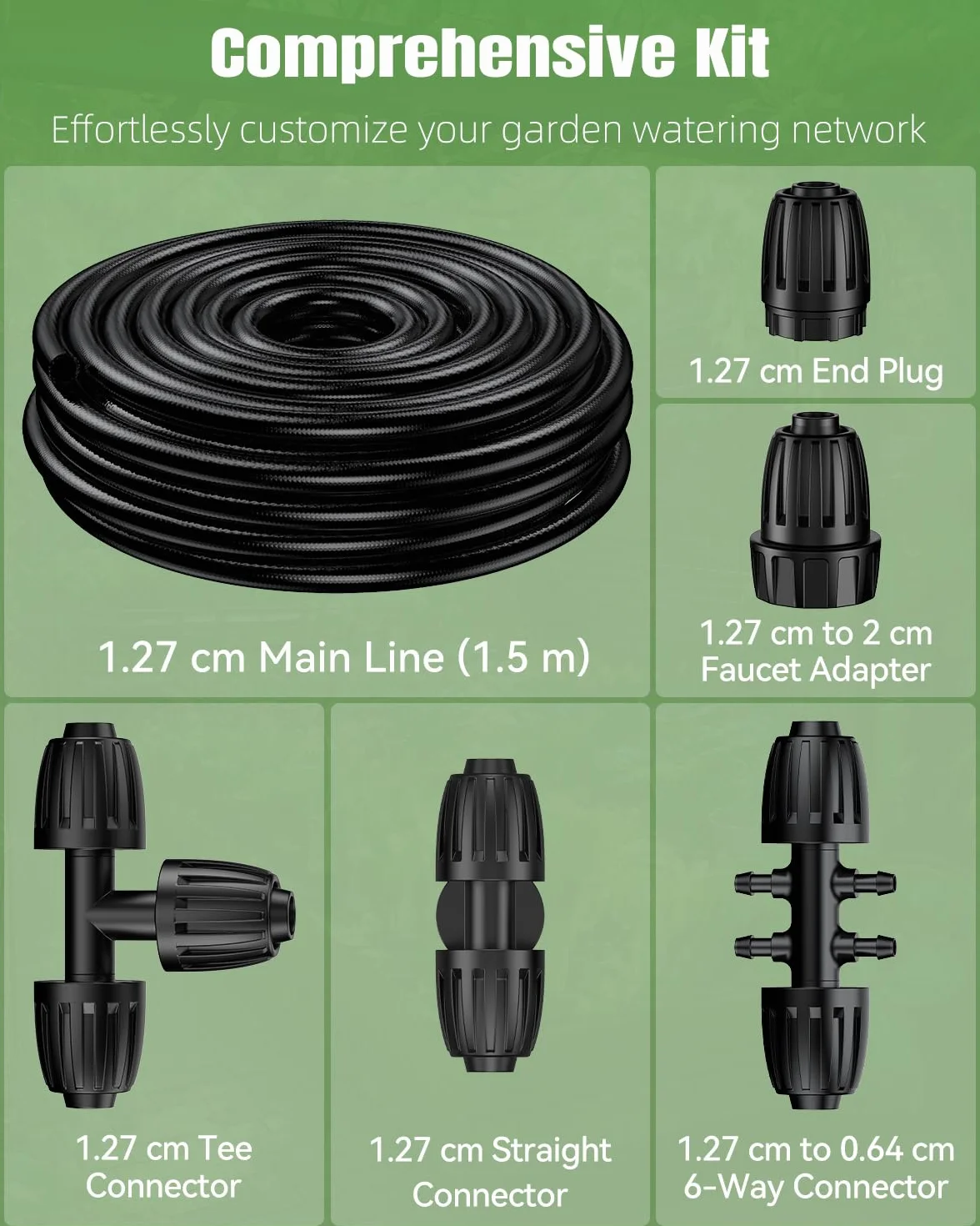 Pawfly Manguera de riego por goteo, 15 m, 12,7 mm, de PVC, flexible, con 5 conectores de púa para sistemas de riego de jardín