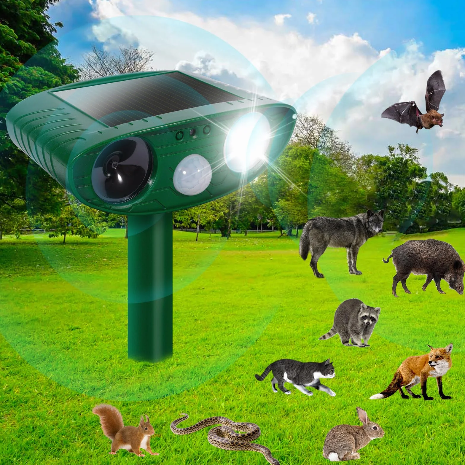 Ahuyentador de Gatos Exterior, Ultrasónico Repelente de Zorros Solar con Luz LED, 8m 120° IPX4 Impermeable Aullentador de Animales para Gatos Zorros Martas Mapaches Perros