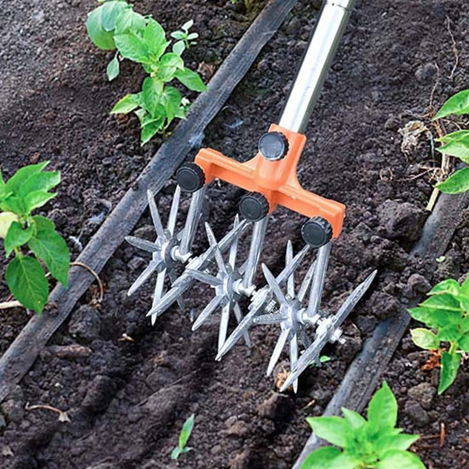 Cultivador Manual de Manual de Tiller, Acero Inoxidable Liviano con 3 Impulsores Intercambiables, Manija y Ruedas Ajustables, Fácil de Ensamblar y Moverse