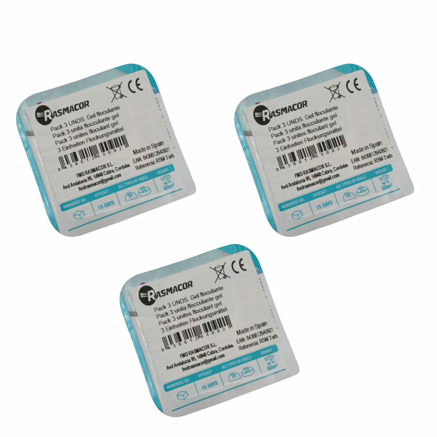RASMACOR Pack 3 Unidades Floculante Gel monodosis | Gel para Piscina | Limpiador y clarificador de Agua para Piscinas | Transparencia Total del Agua | Distribuido