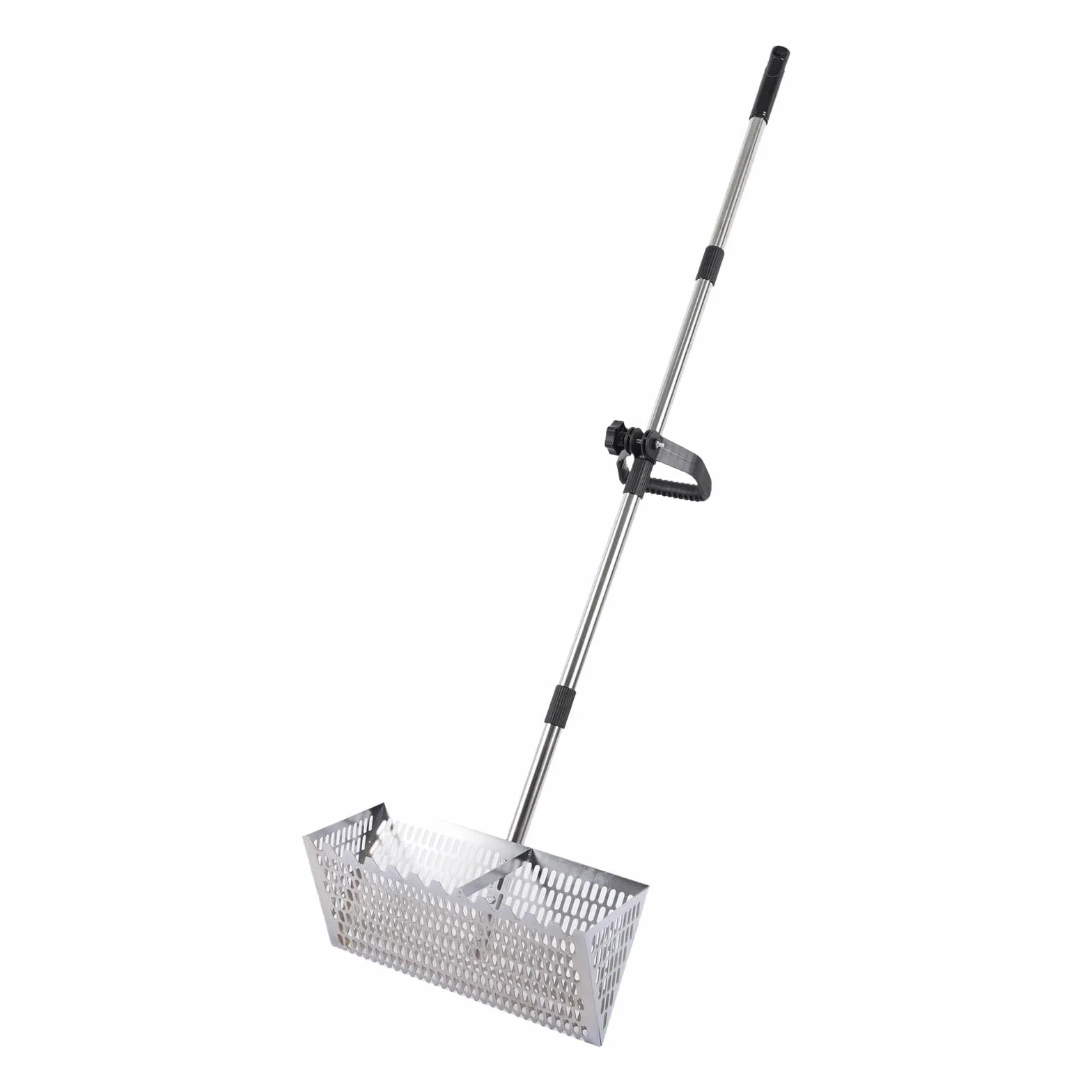 Rasca de arena, pala de arena de playa de acero al carbono con cesta trapezoidal ancha, pala de arena para detector de metales, con mango largo desmontable plegable de 40 cm, dientes afilados, tamiz