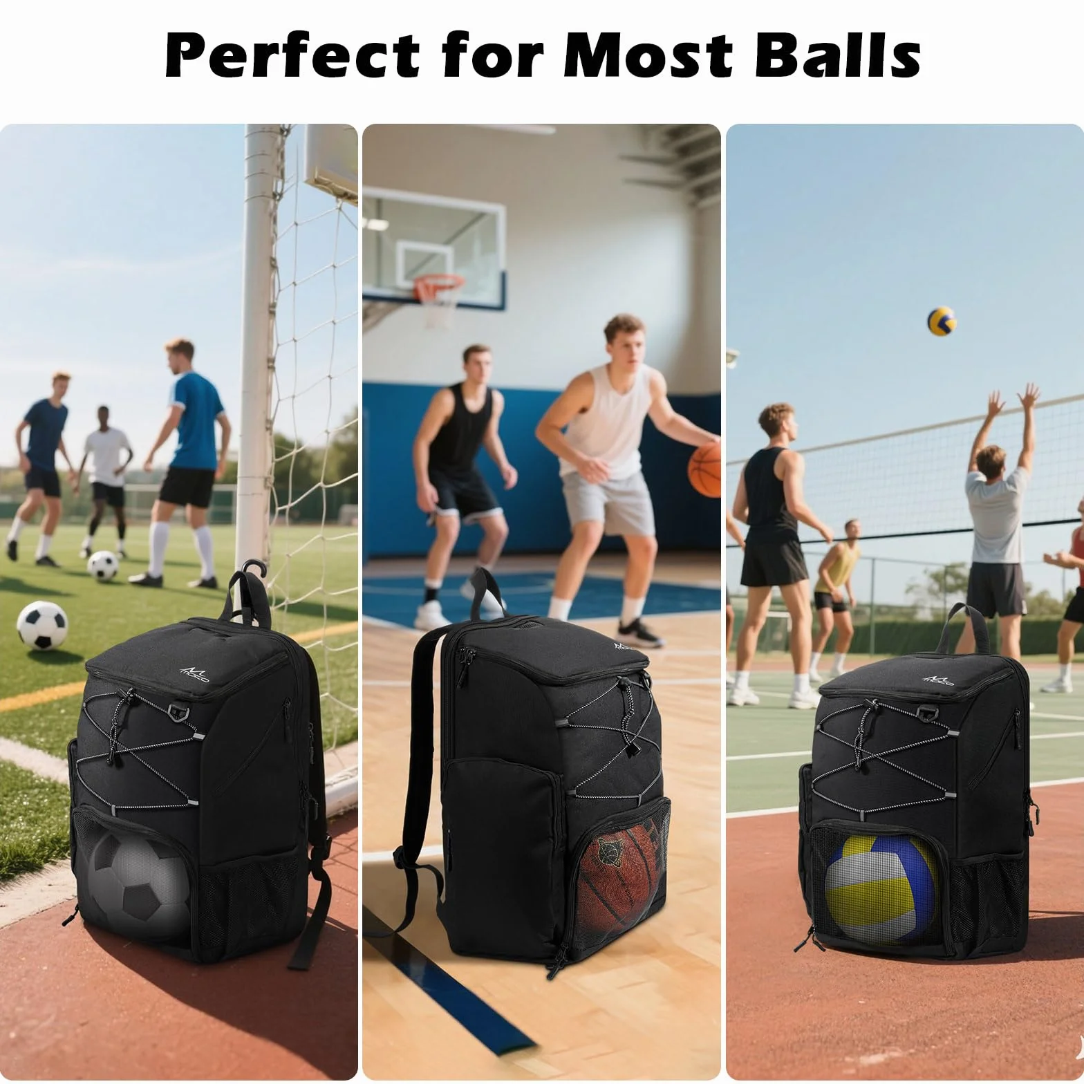 MoKo Mochila de Baloncesto Transpirable con Bolsa para Zapatillas, Múltiples Bolsillos, Gancho Oculto, Puerto de Carga, Negro