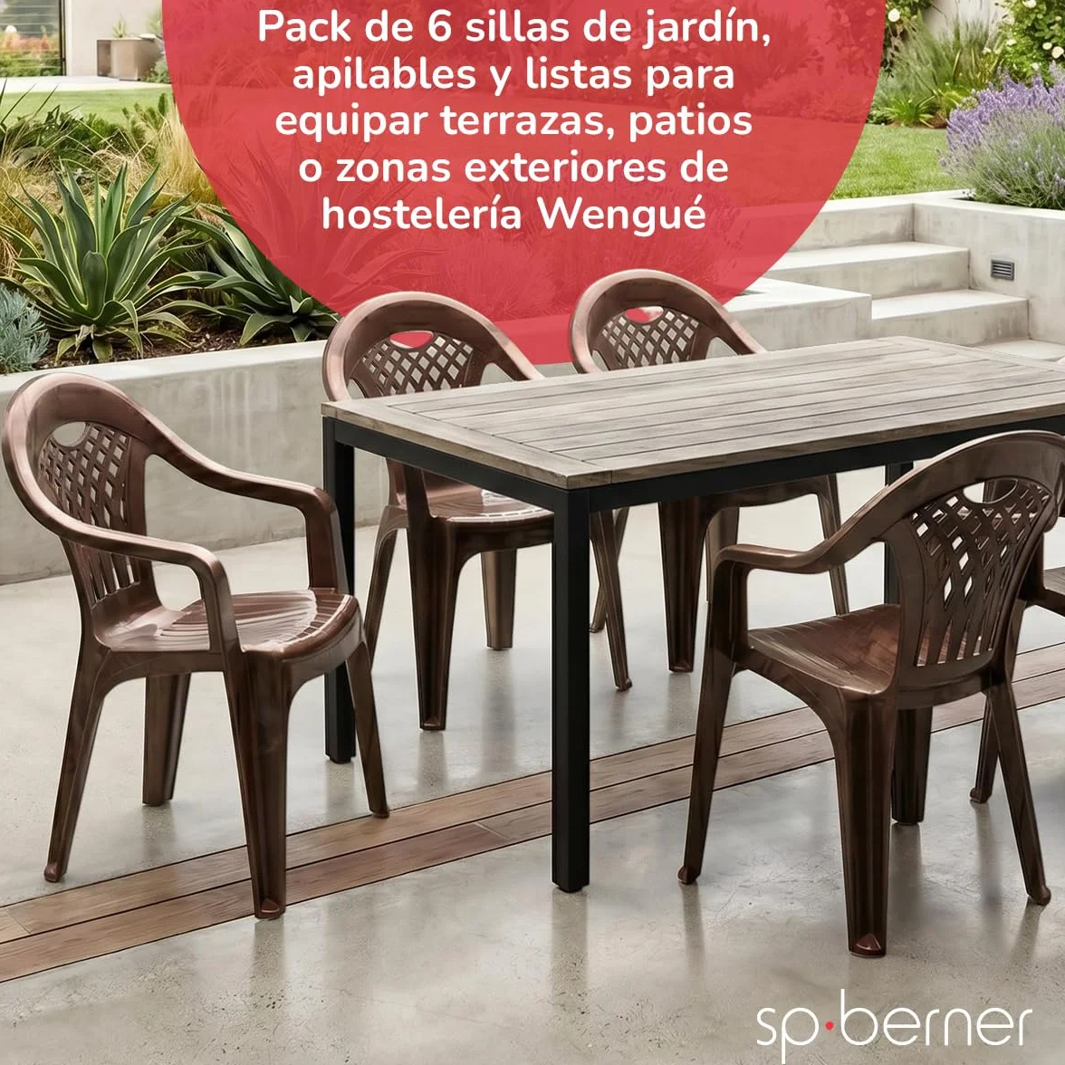 SP Berner SHAF - Pack 6 Sillas de Jardín Apilables - Exterior Terraza o Eventos - Plástico Reciclado Resistente UV - Fabricadas en España - Modelo Cancún - Wengué