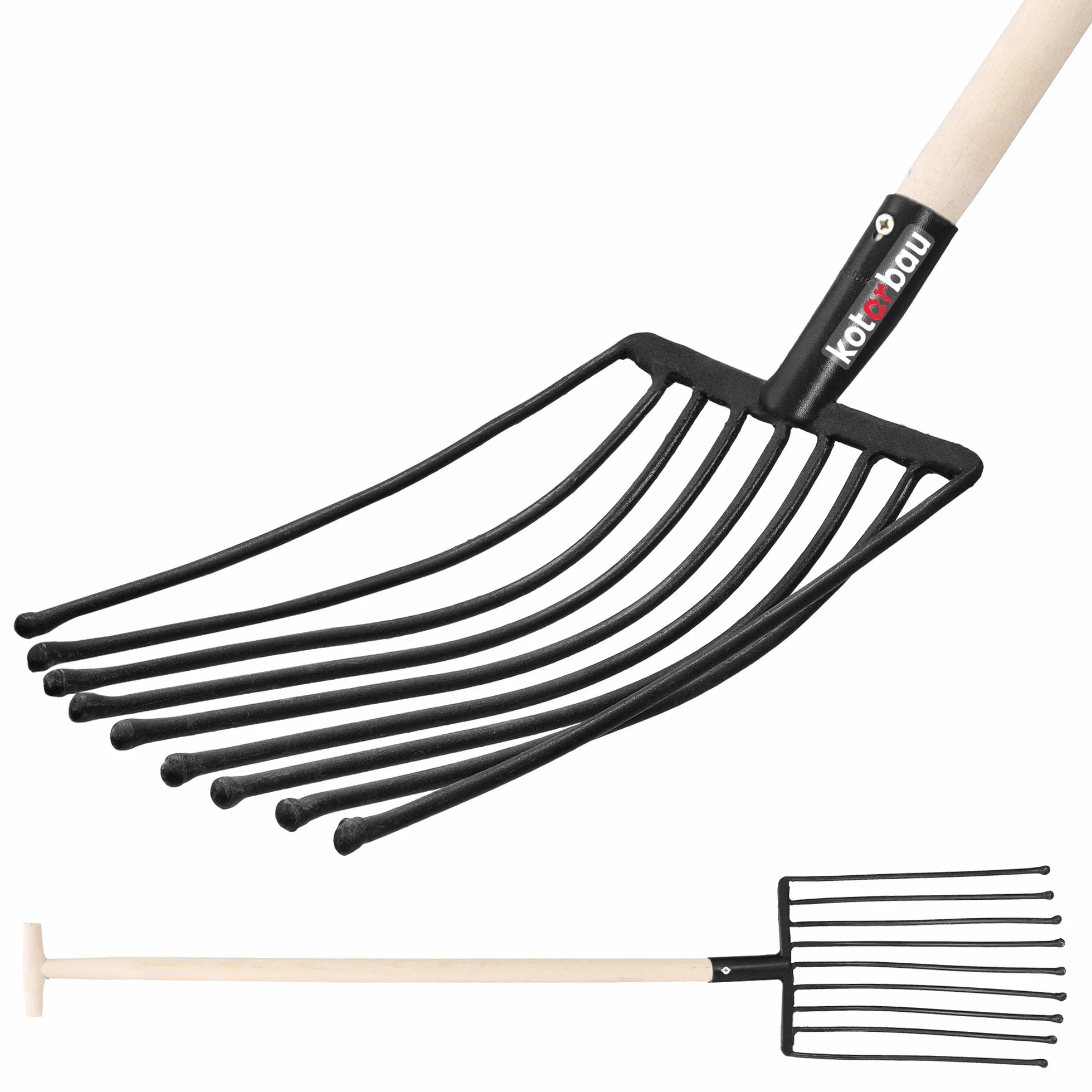KOTARBAU® Horca de 9 púas, Horca con púas terminadas en Bolas para no dañar tubérculos, Horca para Patata, Remolacha y maíz, Horca de Acero con Botones, Horca con Mango de Madera, Horca para Campo