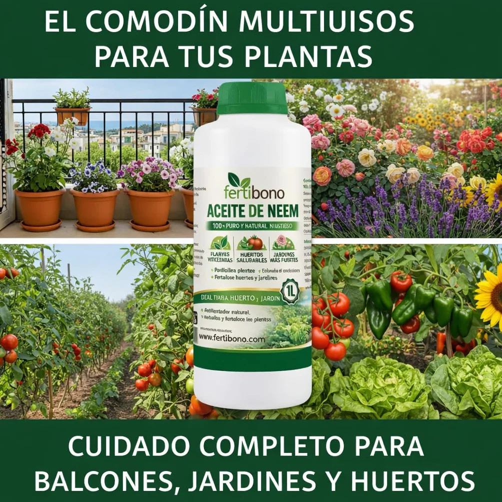 FERTIBONO Aceite de Neem 100% Puro, 1 L, Prensado en Frío, Multiusos para Plantas, Huerto y Jardín