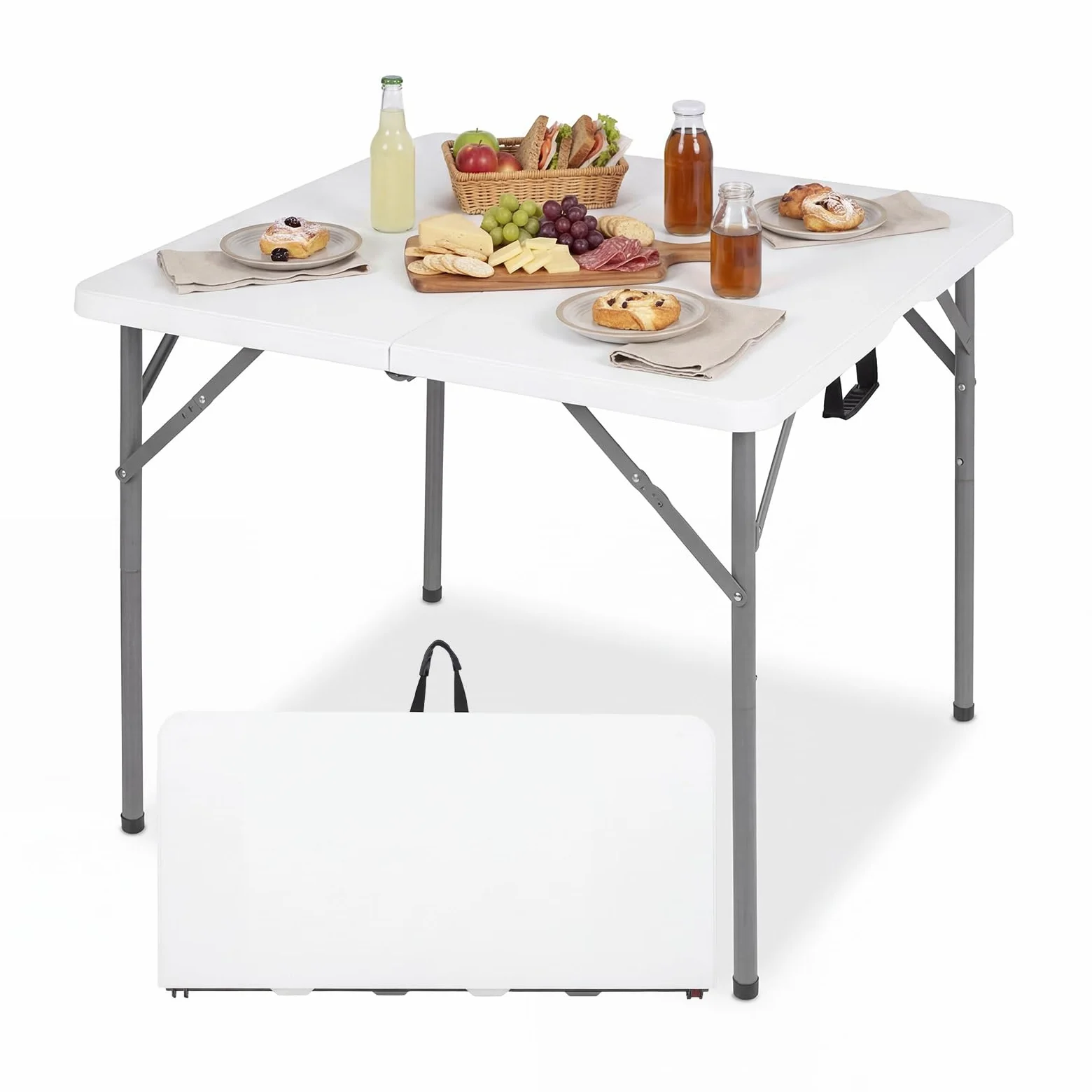 COSTWAY Mesa Plegable Picnic, 86 x 85,5 x 75 cm, Cuadrada | Mesa Camping Portátil de HDPE, Asa de Transporte, Fácil de Montaje, Interior Exterior Jardín Terraza Playa Cocina, Blanco