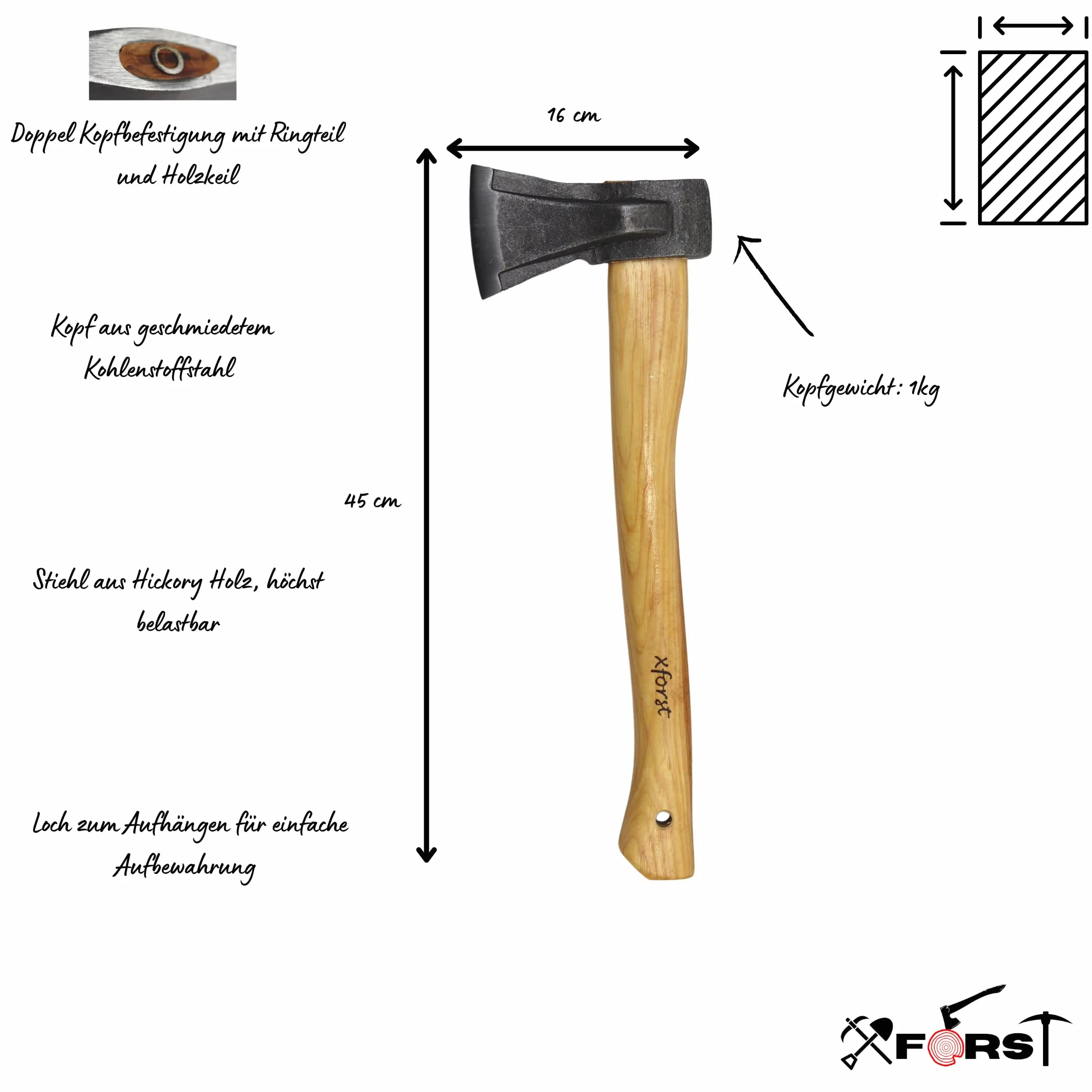 Hacha Xforst de Mano Con Mango de Madera y Hoja de Acero Al Carbono - Universal para Camping y Estilo Vikingo