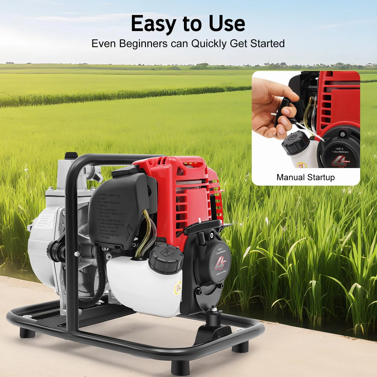 Bomba de agua de gasolina de 4 tiempos, 38 CC, 1,2 kW, bomba de agua sucia, bomba de jardín, bomba de estanque, autocebante, agua sucia, 135 l/min, motor de agua para riego de jardín, cuidado de
