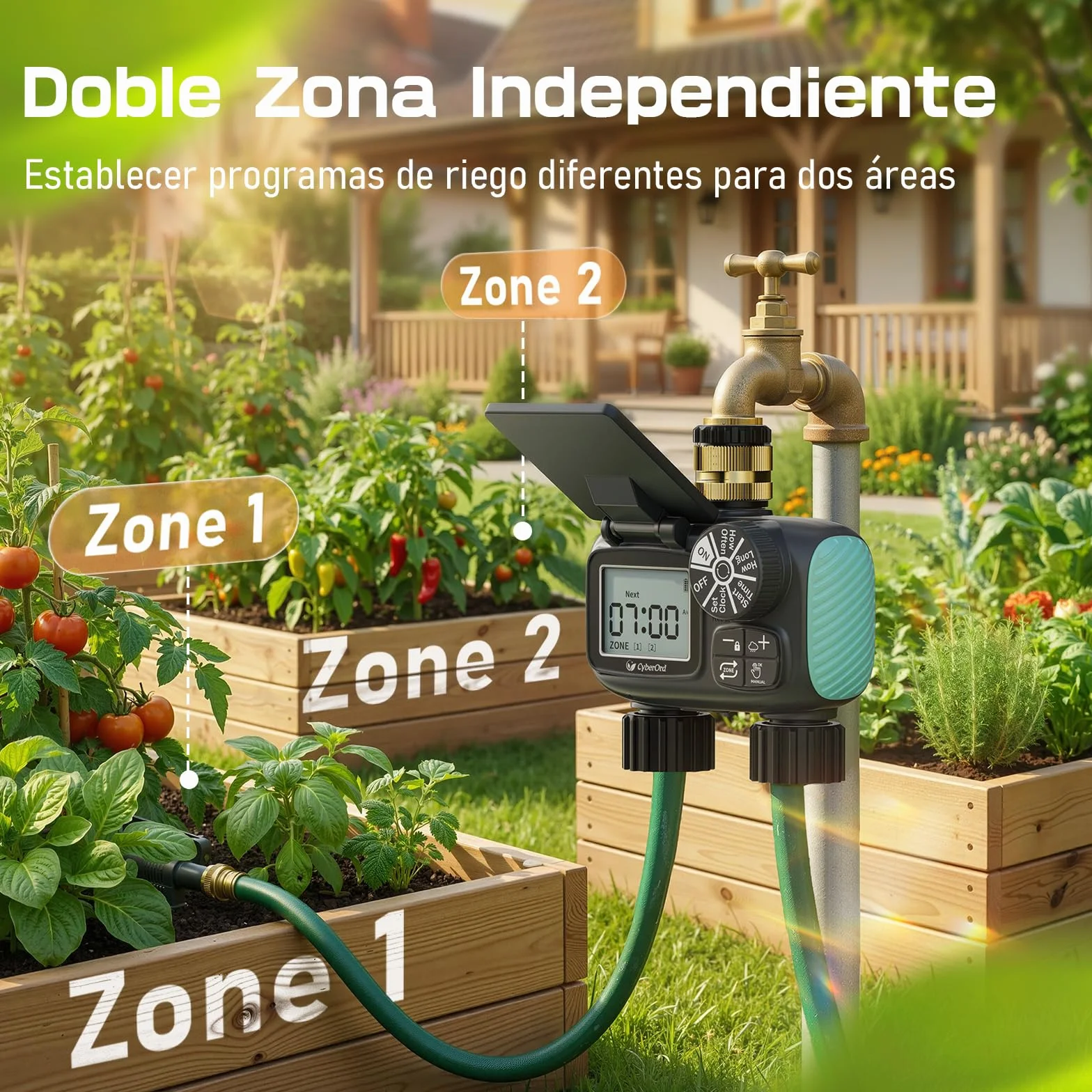 Programador de Riego Solar CyberOrd de 2 Zonas, Temporizador de Riego con Carga Solar, Sistema de Riego Automático con Modos Automático/Manual/Retraso por Lluvia para Césped/Ppatio/Jardín