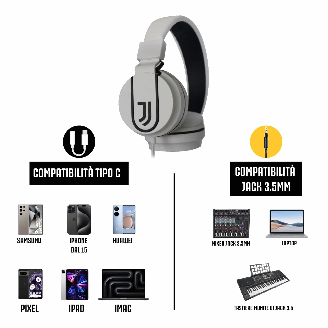 TECHMADE Juventus Football Auriculares On-Ear con Cable AUX Blanco/Negro Adaptador USB C