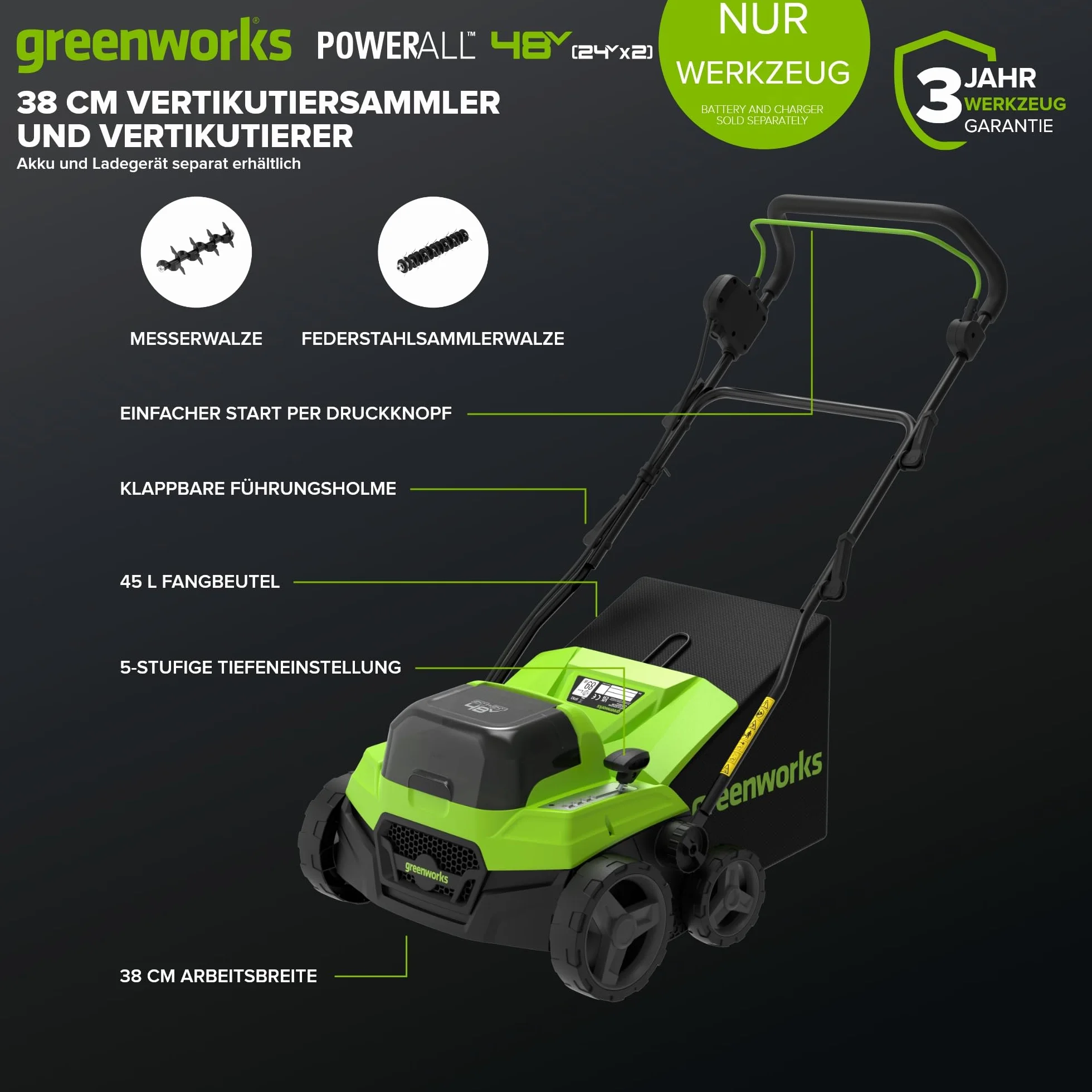 Greenworks Escarificador Aireador Césped 48V (24V x2) Brushless 2-en-1, Ancho 38 cm, 5 Niveles Altura, Bolsa 45L, Manillar Plegable, Herramienta Jardín Inalámbrica, Sin Batería GD2X24SC38II