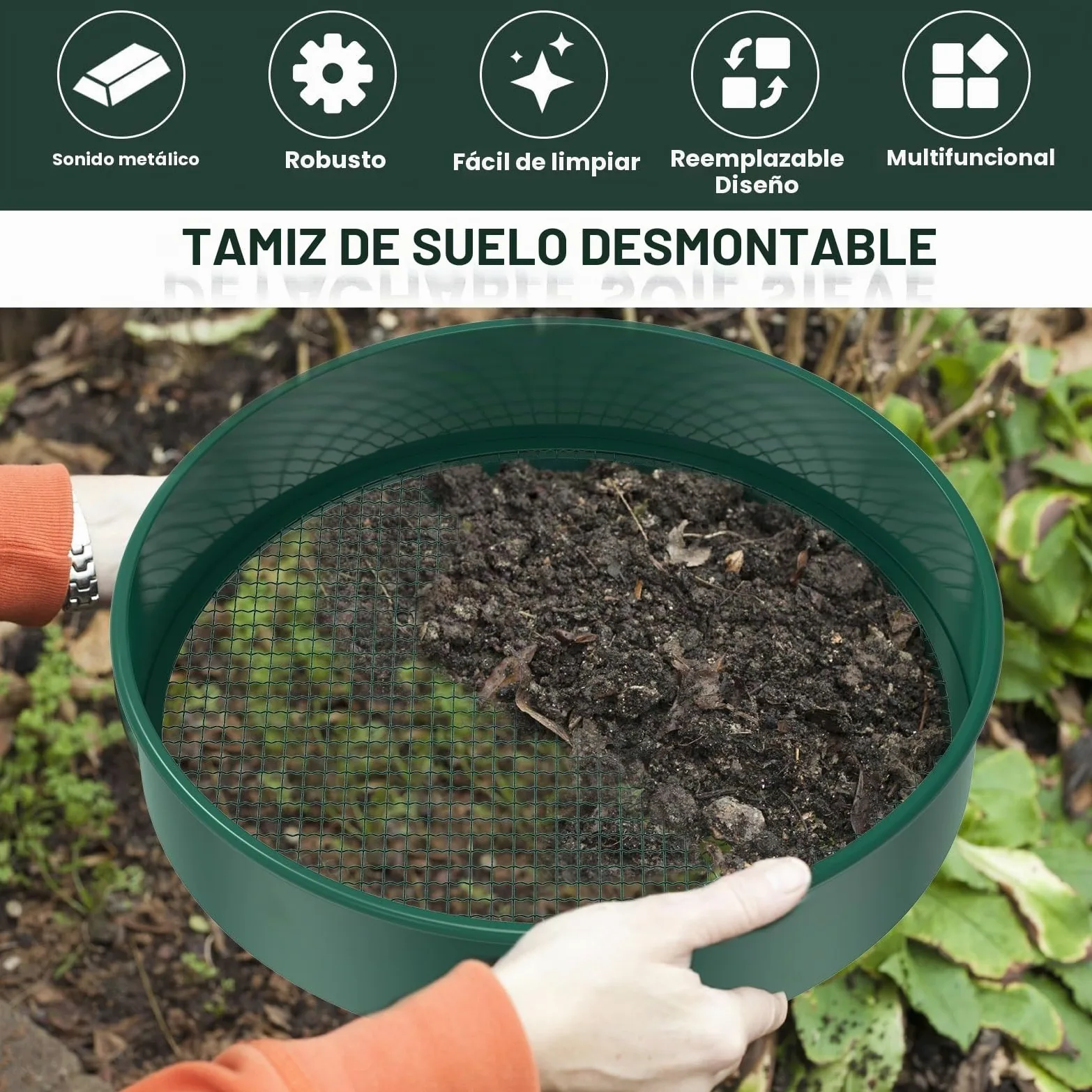 Tamiz de jardín redondo 4 en 1, 30 cm, acero inoxidable, con 4 tamices intercambiables y pala de jardín, tamiz para tierra, compost, semillas, arena