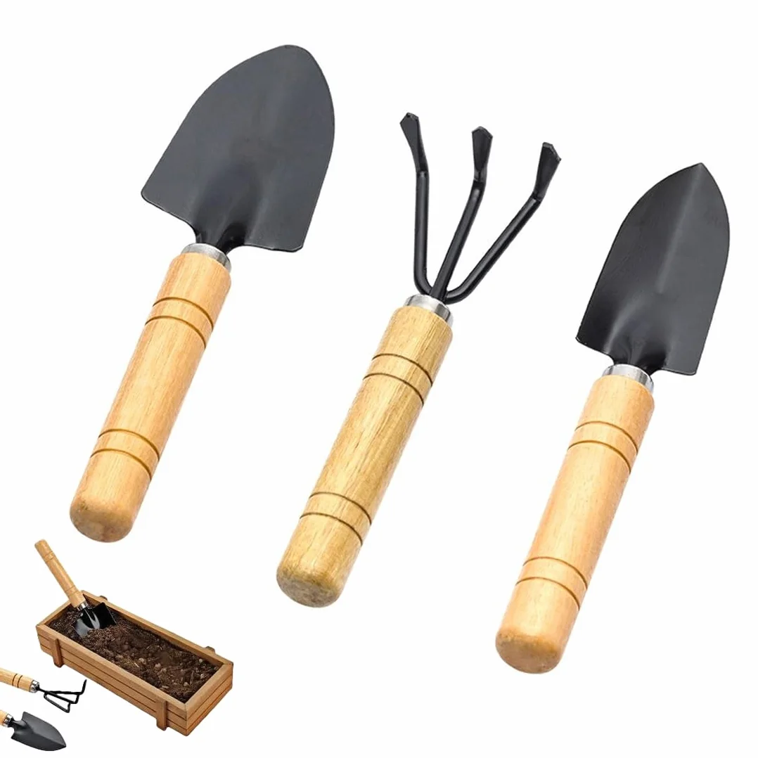 3 Piezas Mini Set de Herramientas de Jardinería, Kit de Herramientas con Mango de Madera, Mini Pala, Rastrillo y Azada para Bonsáis, Plantas, Macetas y Suelo Suelto