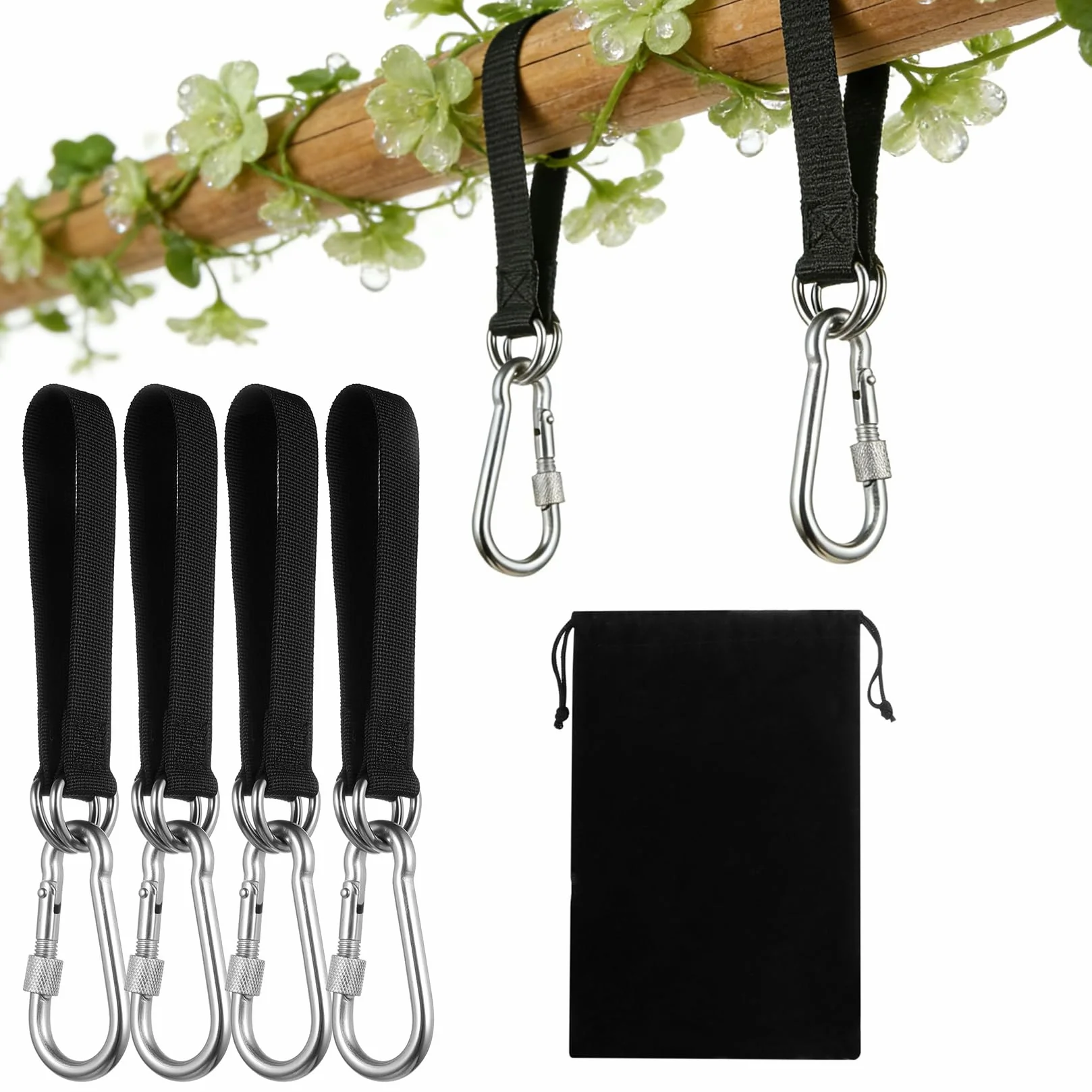 4 Set di Correas de Hamacas, 30,5 cm Kit de Correas de Columpios de Árbol Hamacas, Cinturón de Suspensión de Hamaca Correas de Árbol Sillas Camping, con 4 Mosquetón y Anillos en D, Soporta 100 kg