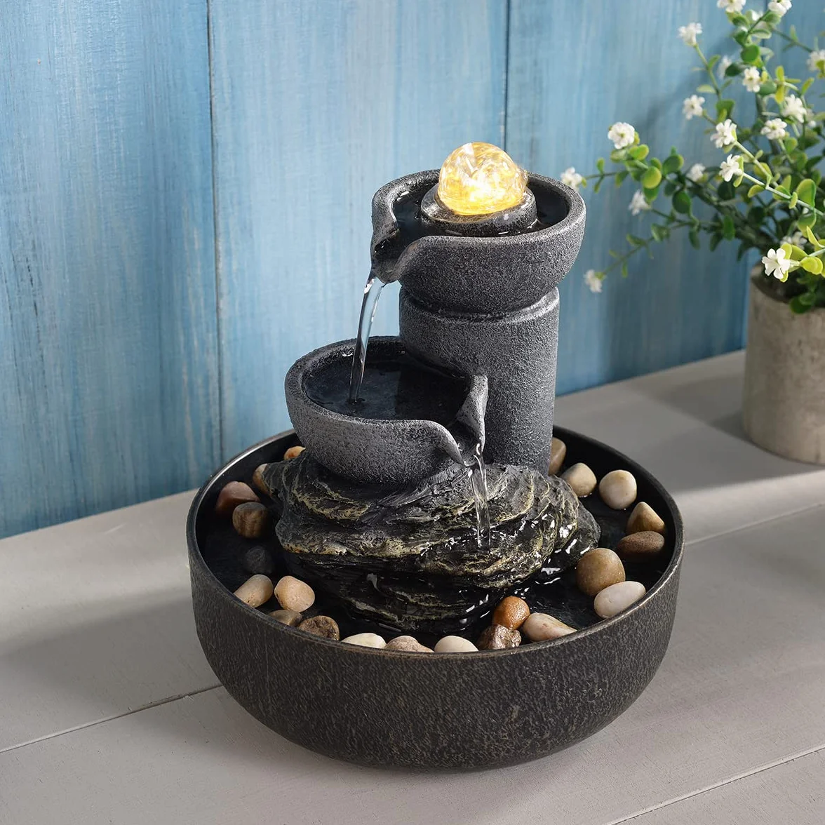 Fuente de la habitación, cascada de agua 2 etapas, meditación, decorativa con LED/adoquines, bolas de vidrio, sonidos relajantes para oficina y hogar (21098)